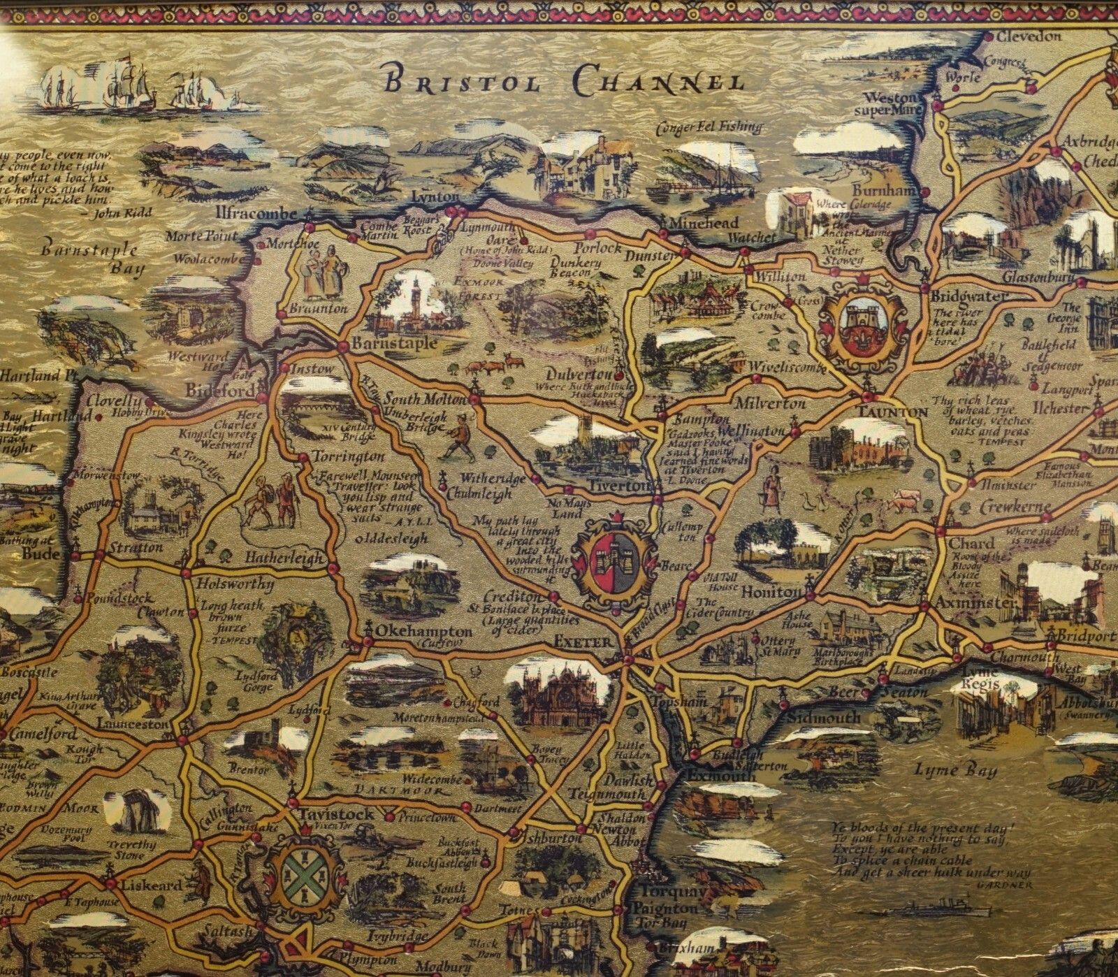 Gold Leaf Foil Pictorial Plan Map Of The West Country Of England Antique Style photo vinterior