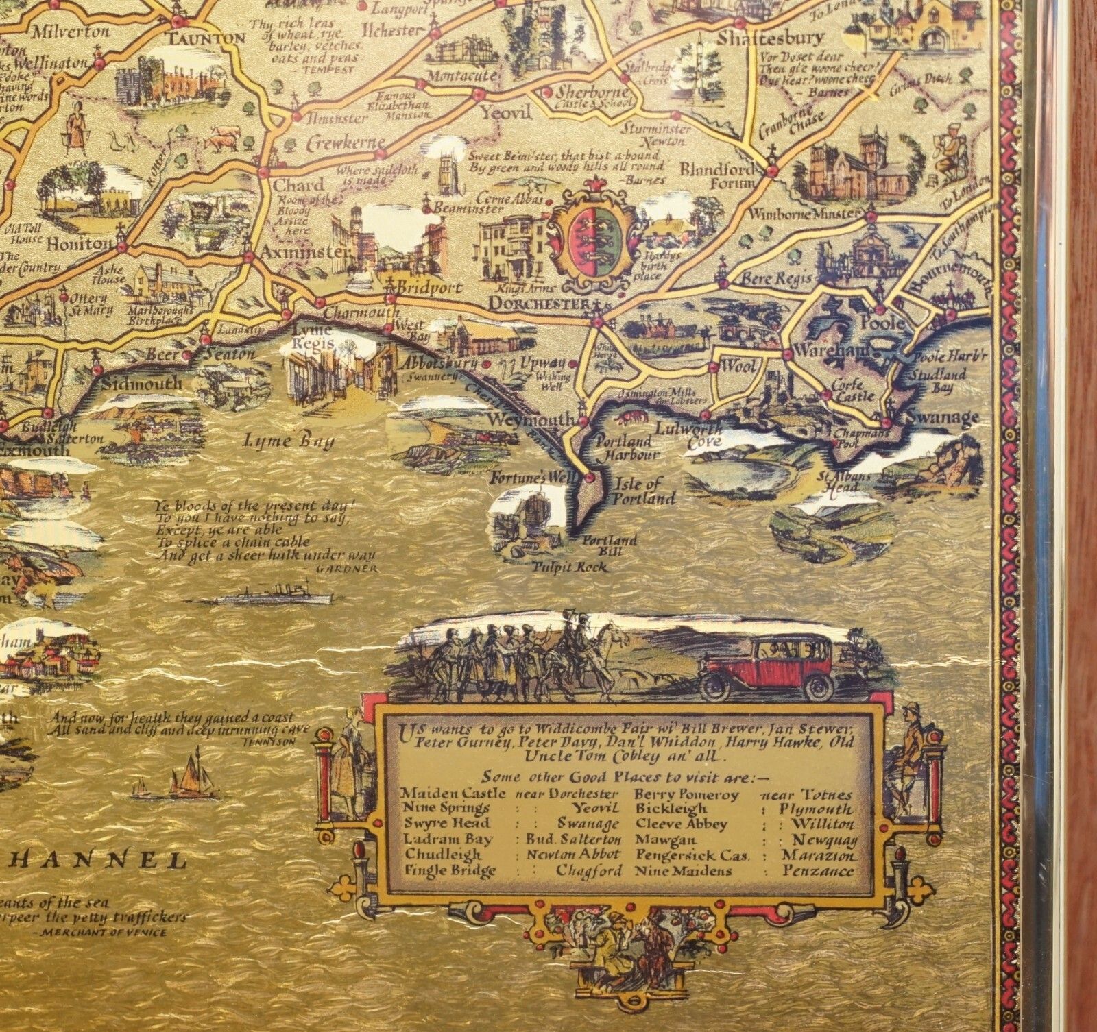 Gold Leaf Foil Pictorial Plan Map Of The West Country Of England Antique Style photo vintage