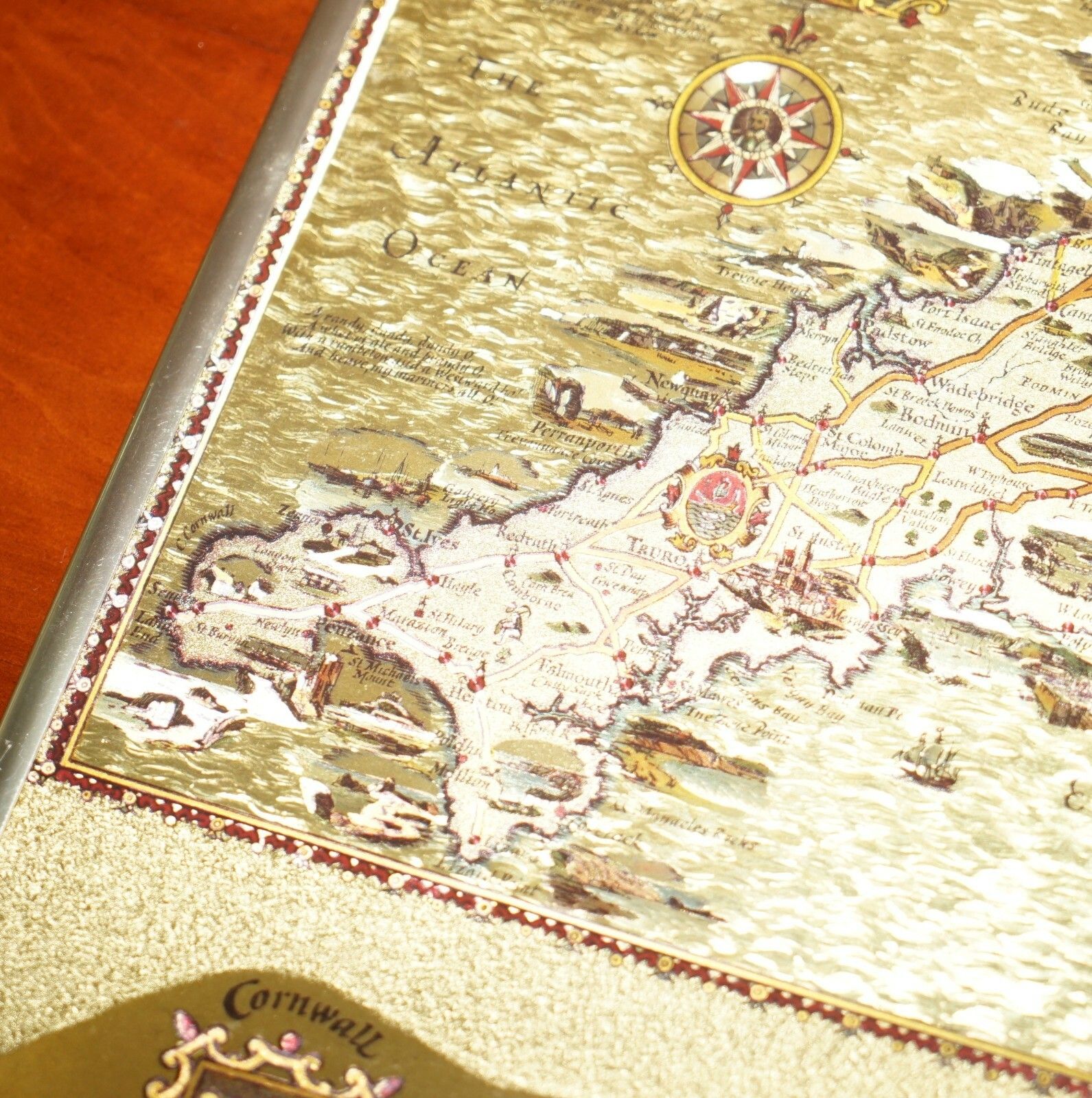 Art Gold Leaf Foil Pictorial Plan Map Of The West Country Of England Antique Style photo