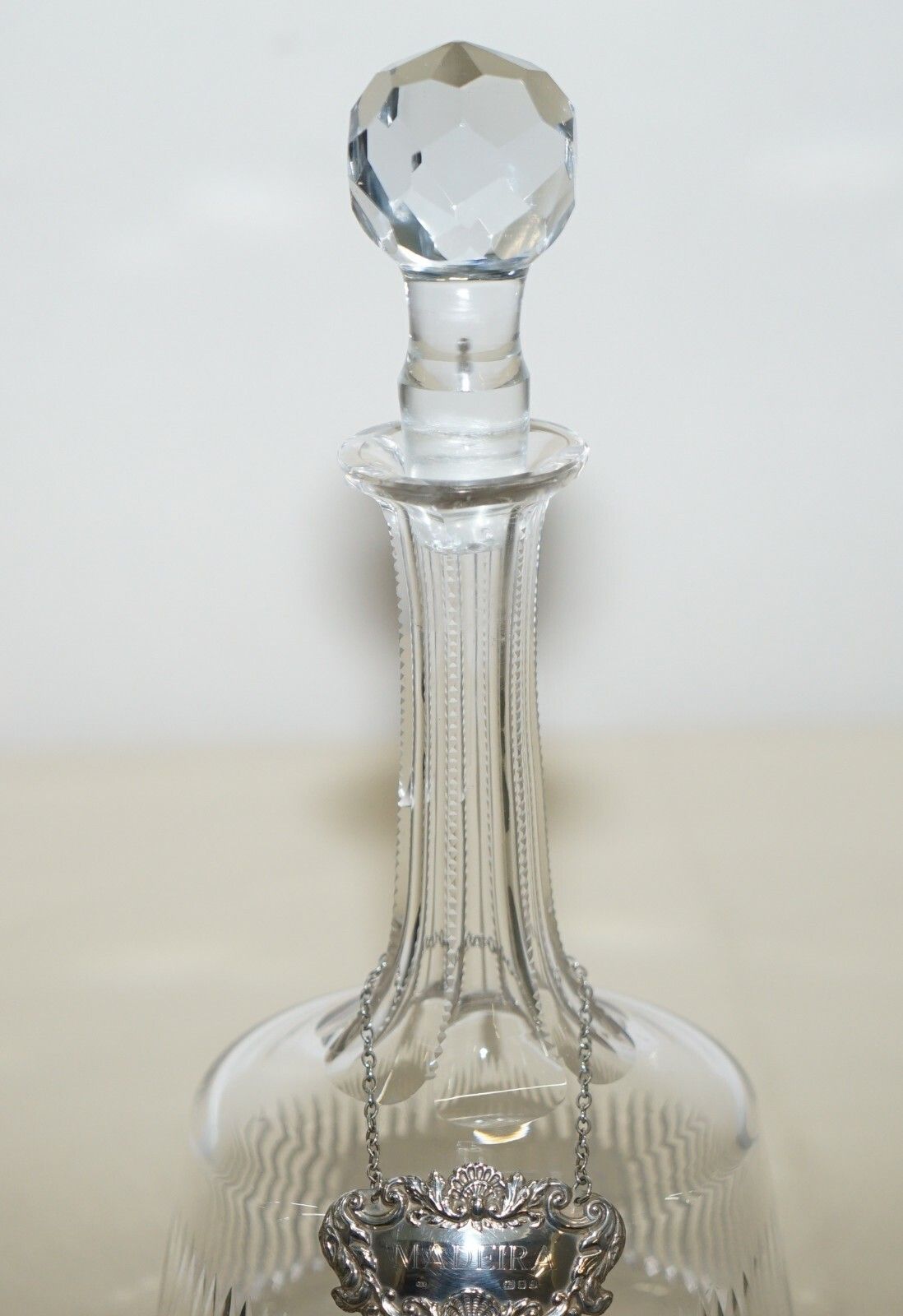 Sweet Antique Cut Glass Crystal Decanter Jug Maderia Sterling Hanging Label 1973 photo Home Decor