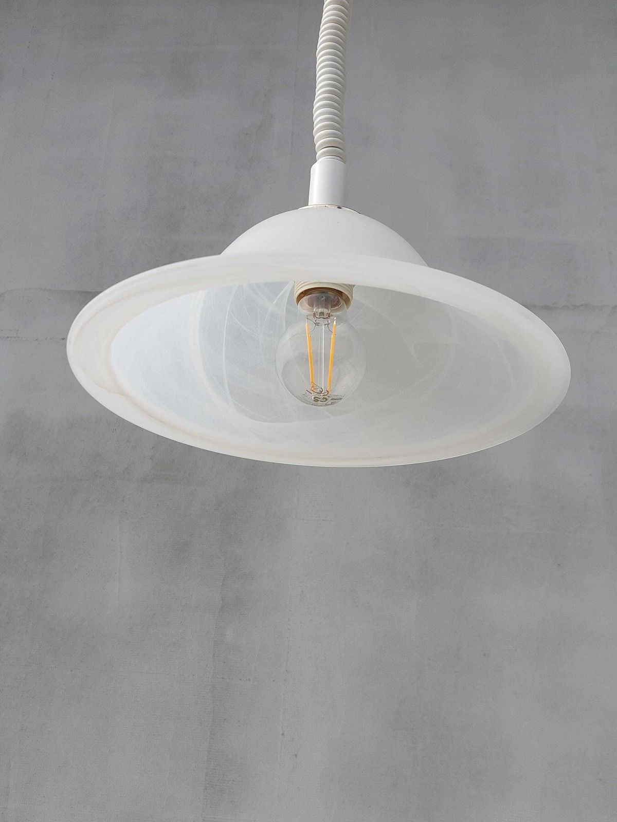 Vintage White Glass Pendant Light, Mid Century Modern Swirl Shade Ceiling Lamp, Retro Hanging Lighting For Kitchen Or Dining Room photo vintage