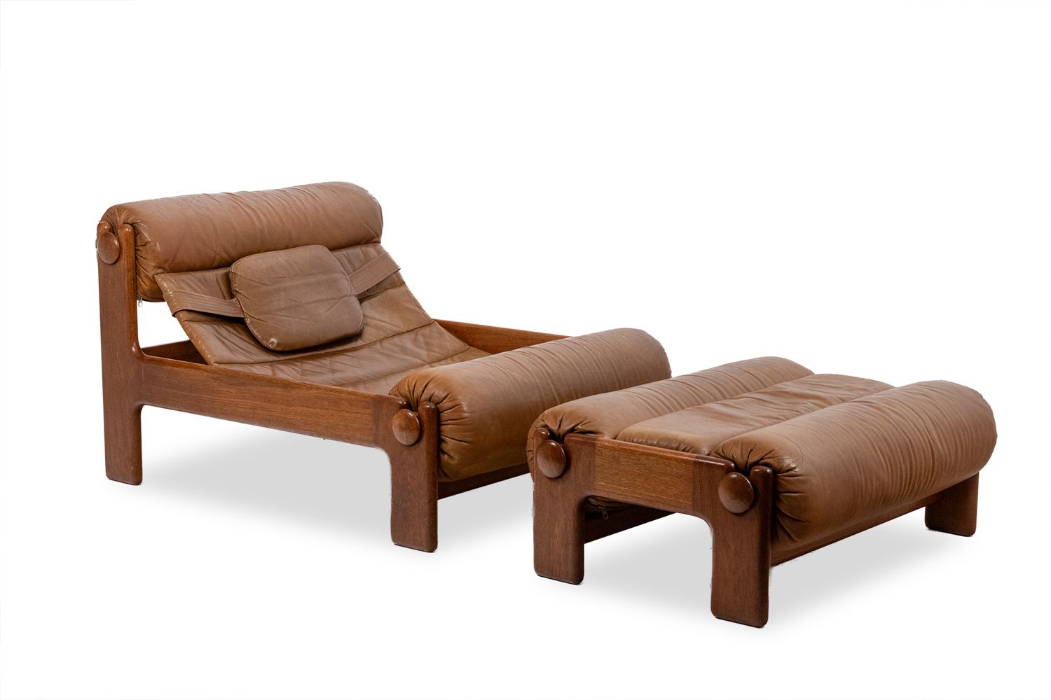 Chair And Ottoman In Blond Elm And Leather. 1970s