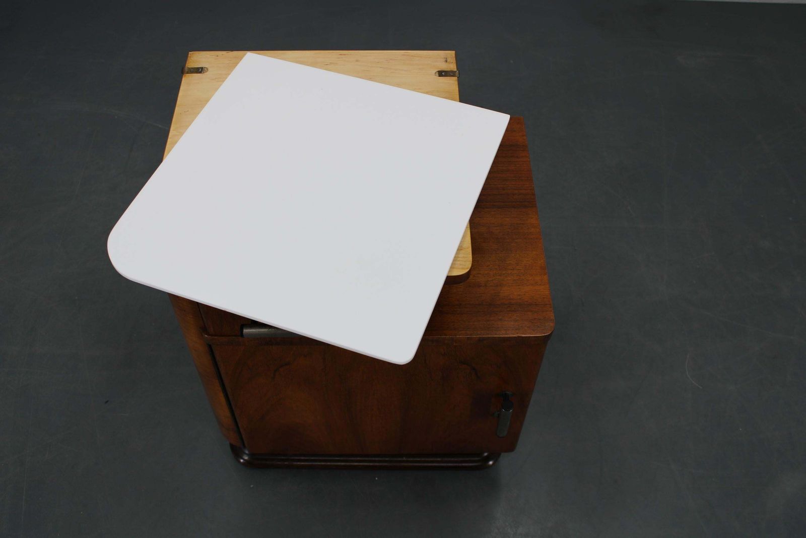 photo for sale 1940s Night Stand In Walnut Finish With Glass Top, Czechoslovakia