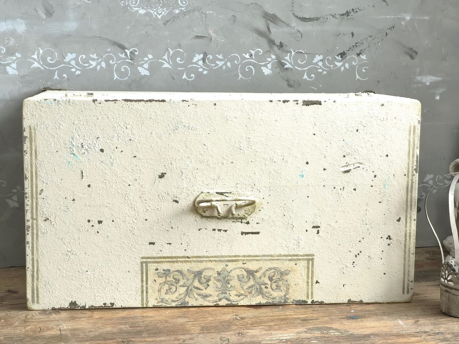 photo for sale Antique Creamy Wooden Trunk Chest, Distressed Furniture