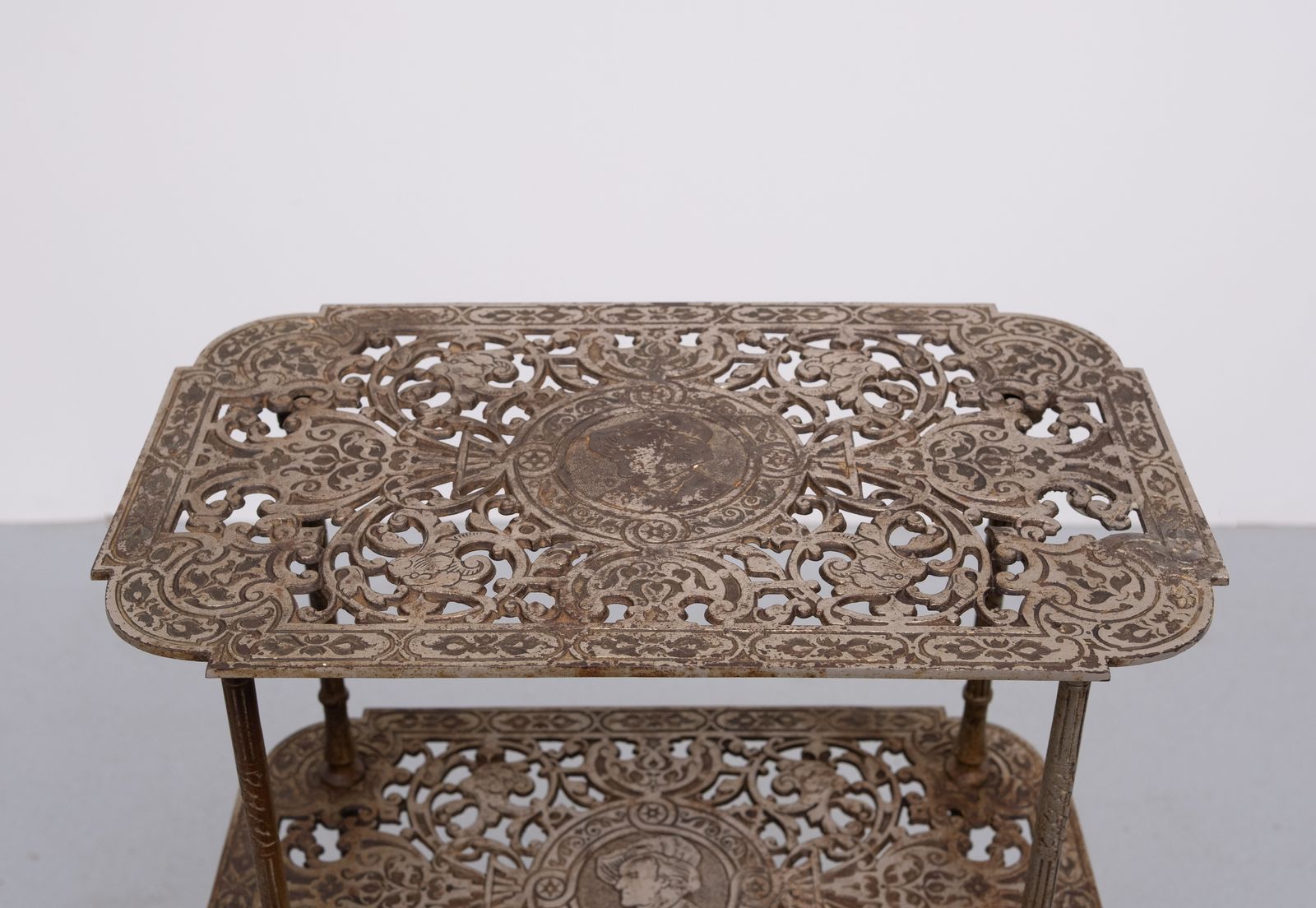 Antique Ornate Cast Iron French Brass 3 Tier Side Table. photo Furniture