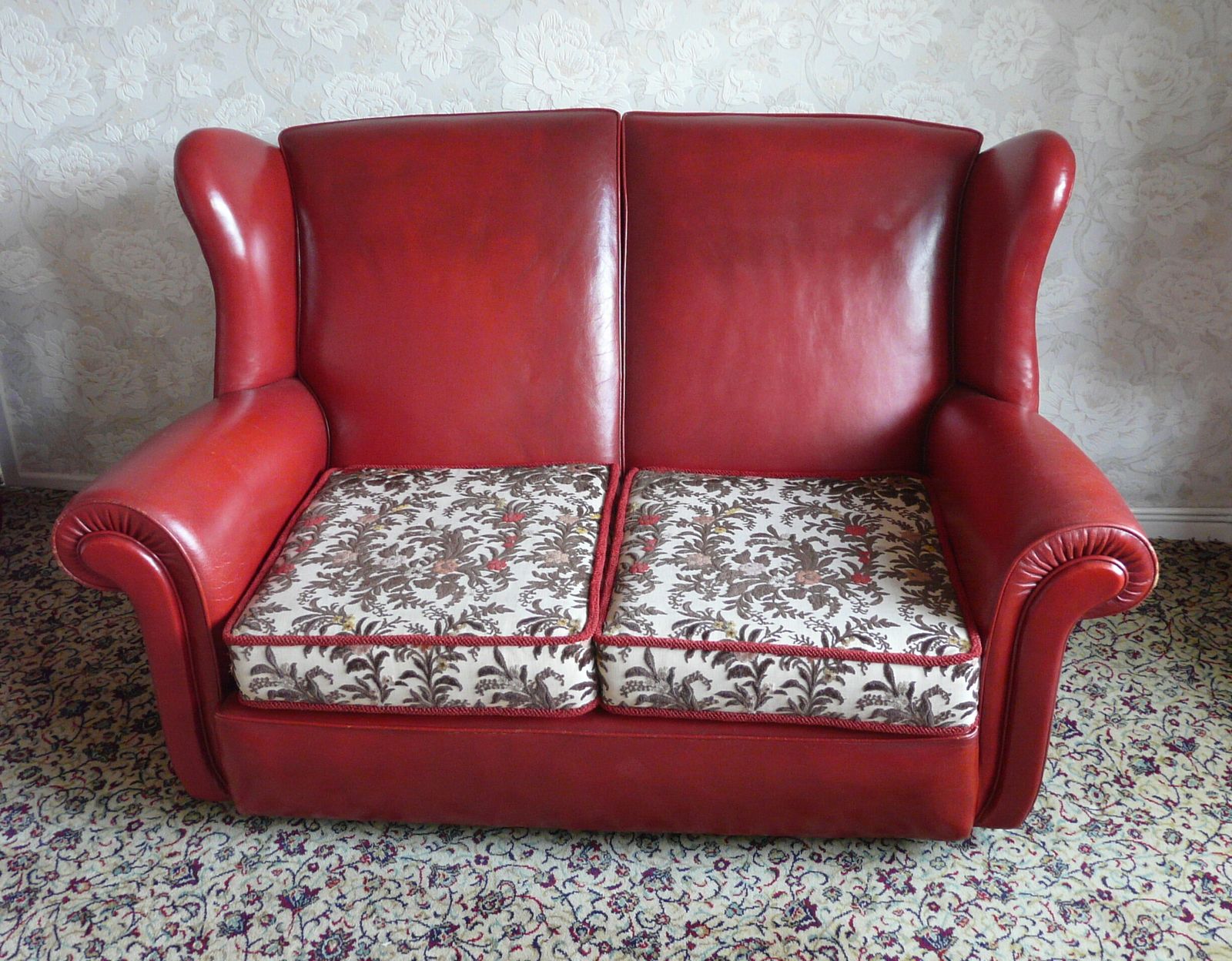 Red Leather Sofa And Two Matching Armchairs   Mid Century 3 Piece Suite photo furniture