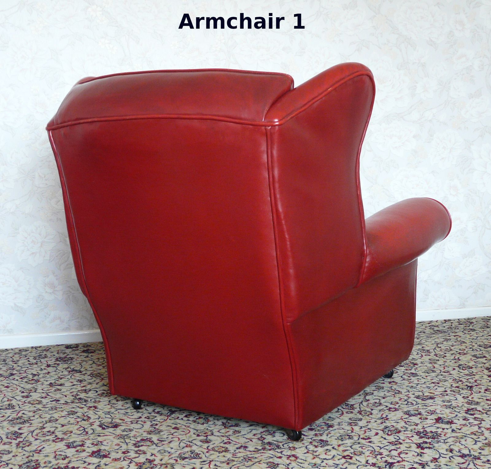 Red Leather Sofa And Two Matching Armchairs   Mid Century 3 Piece Suite photo vintage