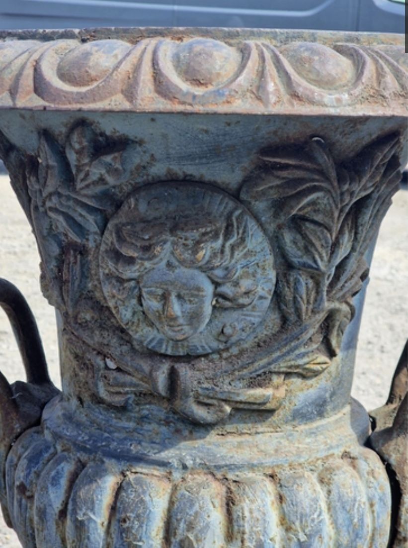 Pair Huge 19th Century Cast Iron Campana Urns Lion Mask Handles  Delivery  Available 0088. photo 1790.0