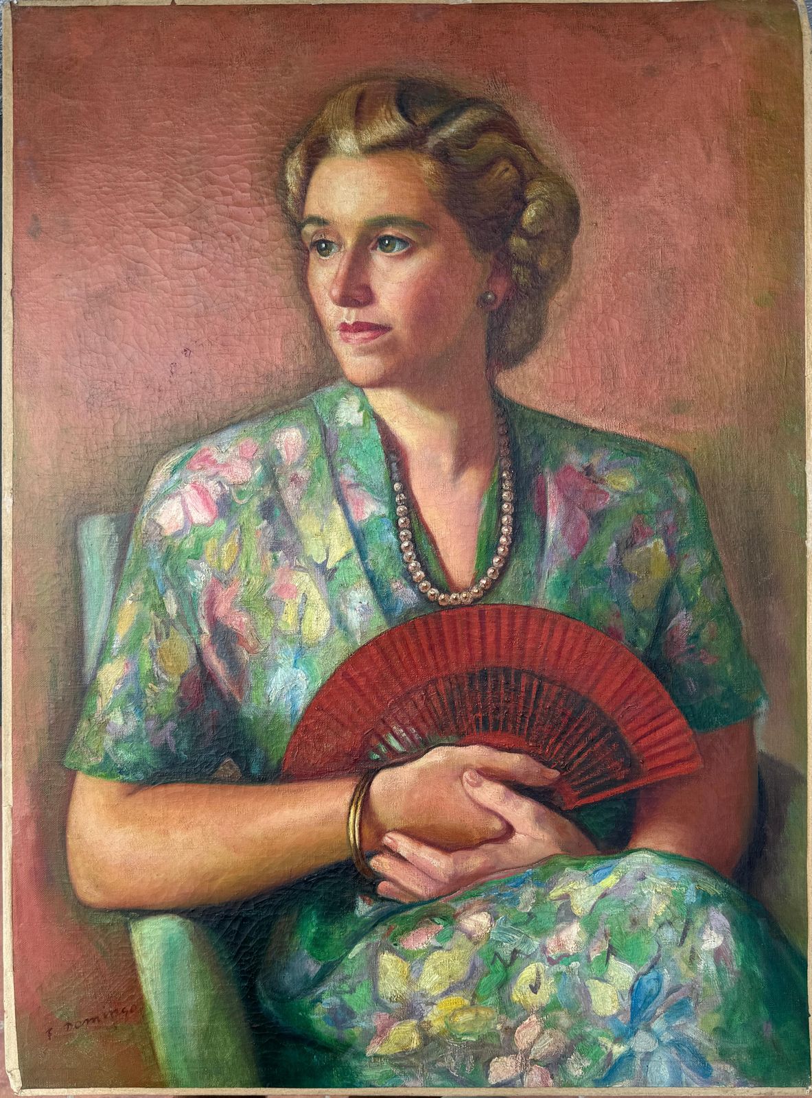 Francesc Domingo Segura Portrait Of A Lady With A Red Fan, Oil On Canvas C.1945