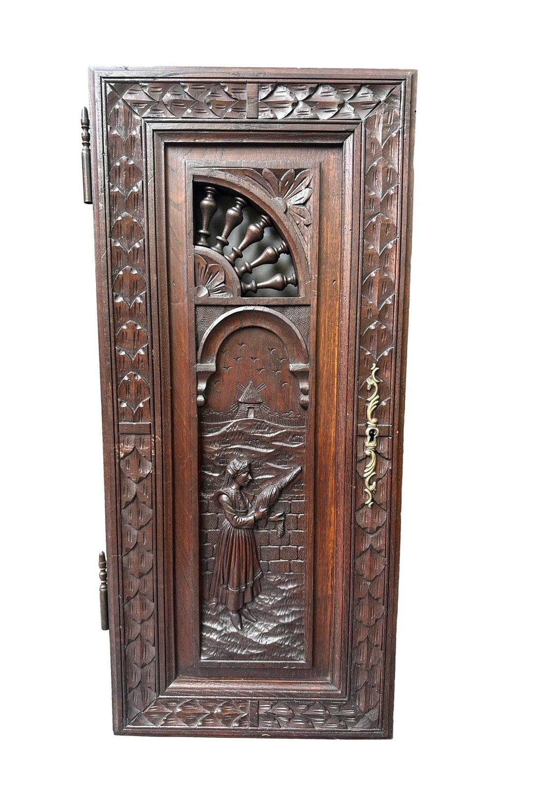 French Breton Carved Oak Door, Woman With Distaff, Late 19thc/Early 20thc, Upper Cabinet Antique Panel photo furniture
