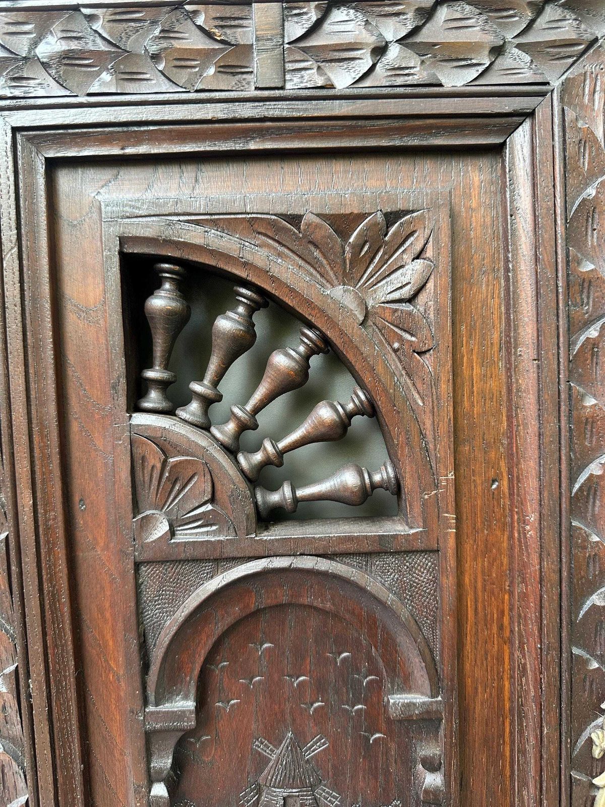 French Breton Carved Oak Door, Woman With Distaff, Late 19thc/Early 20thc, Upper Cabinet Antique Panel photo vinterior