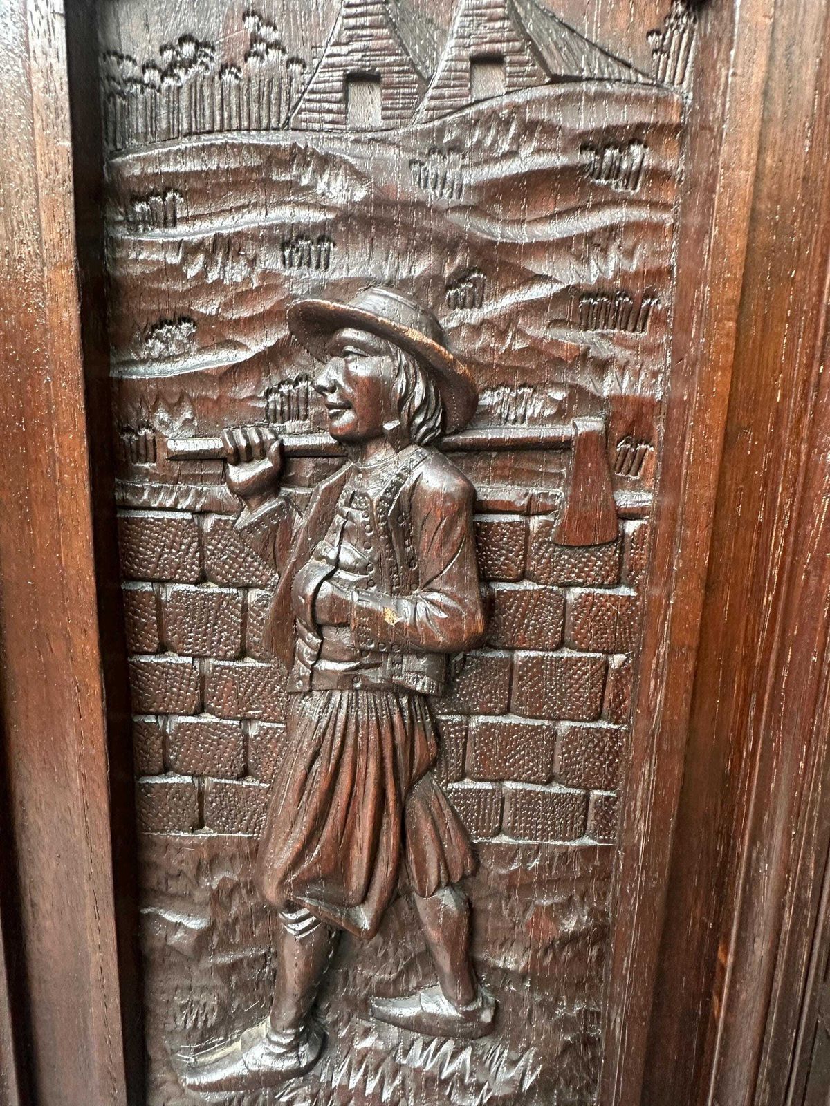 French Breton Carved Oak Door, Woodsman Scene, Late 19thc / Early 20thc, Upper Cabinet Antique Panel photo vintage