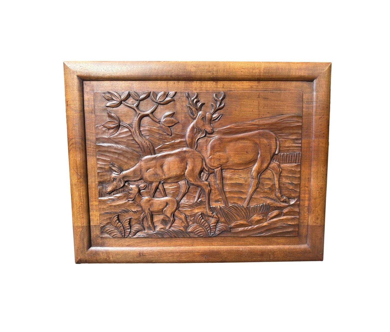 Large Art Deco Carved Walnut Panel   Woodland Scene Of Deer Family