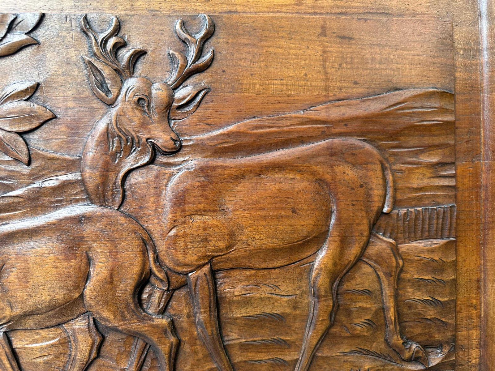 Large Art Deco Carved Walnut Panel   Woodland Scene Of Deer Family photo for sale