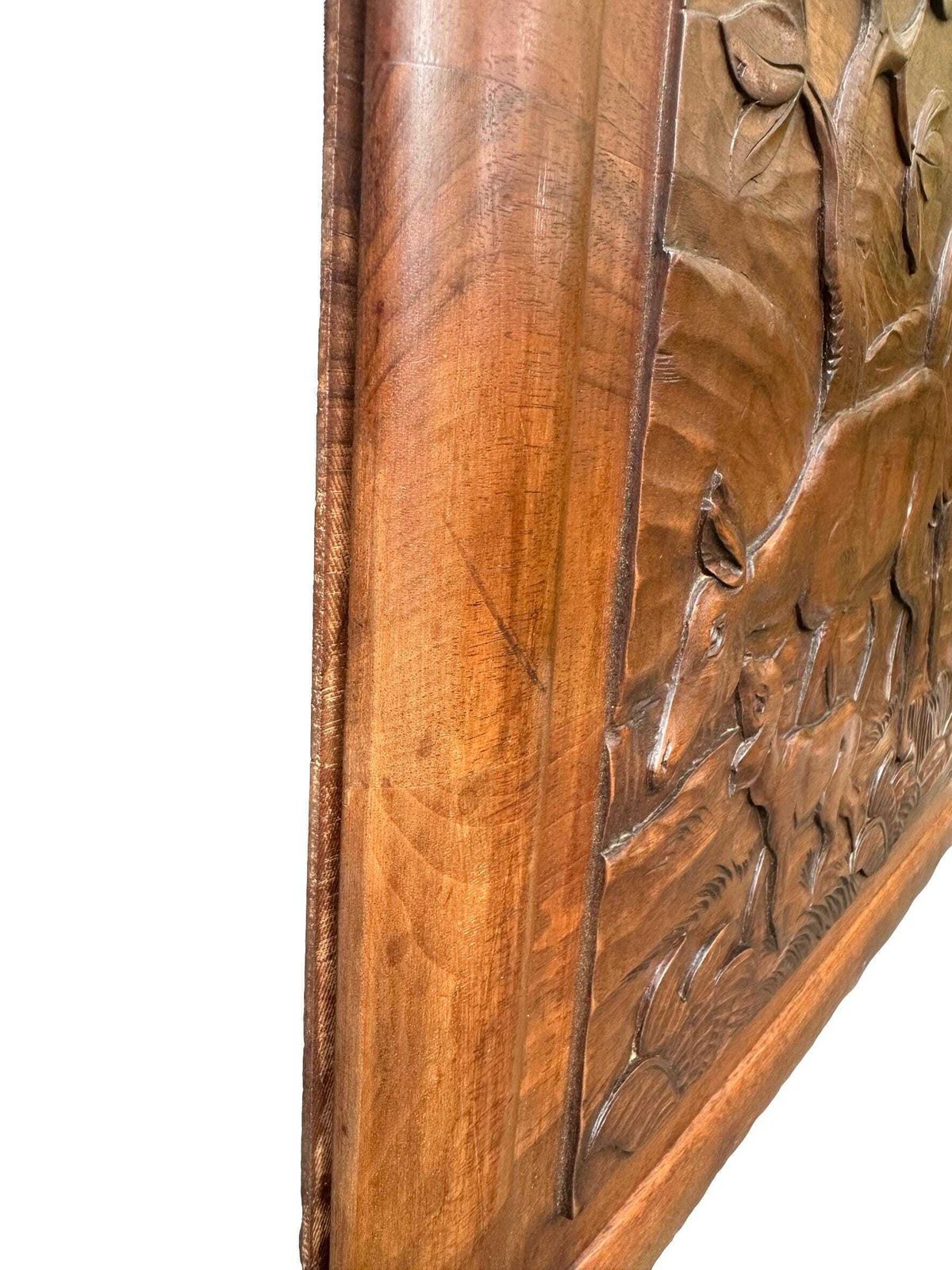 Large Art Deco Carved Walnut Panel   Woodland Scene Of Deer Family photo buy