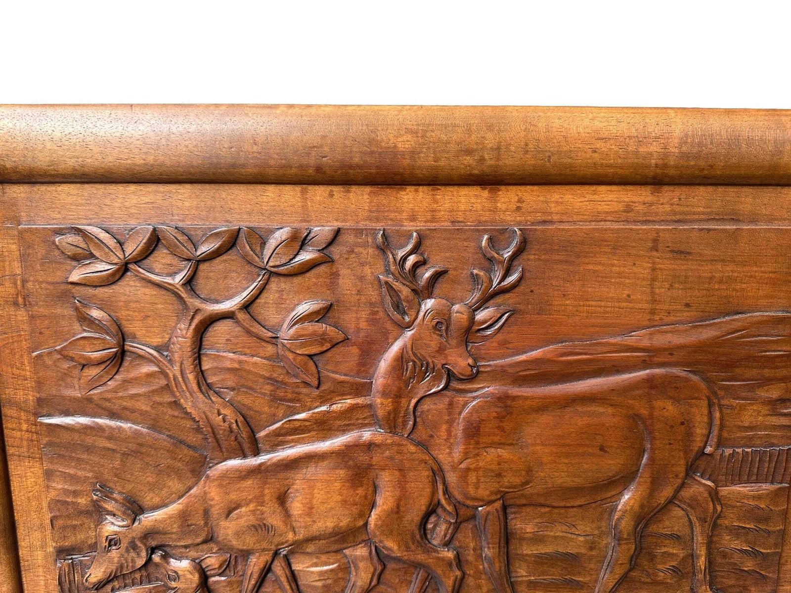Large Art Deco Carved Walnut Panel   Woodland Scene Of Deer Family photo vintage