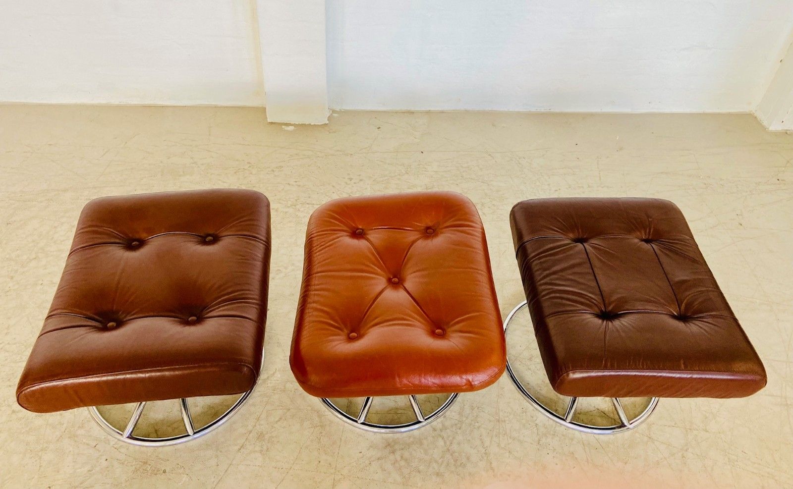 photo buy Vintage Scandinavian  Ekornes Leather Footstool  Ottoman  Cognac Leather.