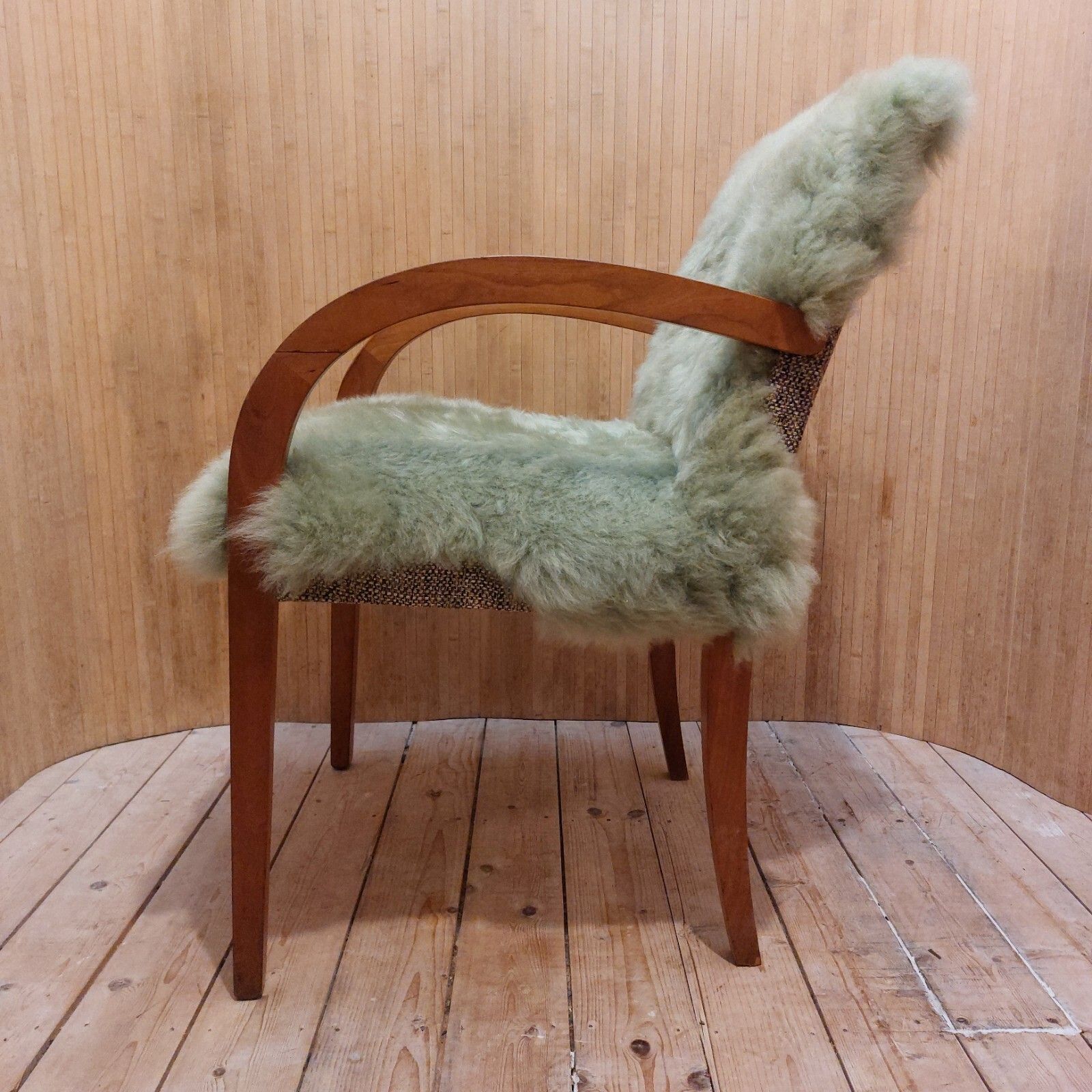 Fab Vintage Art Deco Style Beech Bentwood Bridge Chair Sage Green Sheepskin photo buy