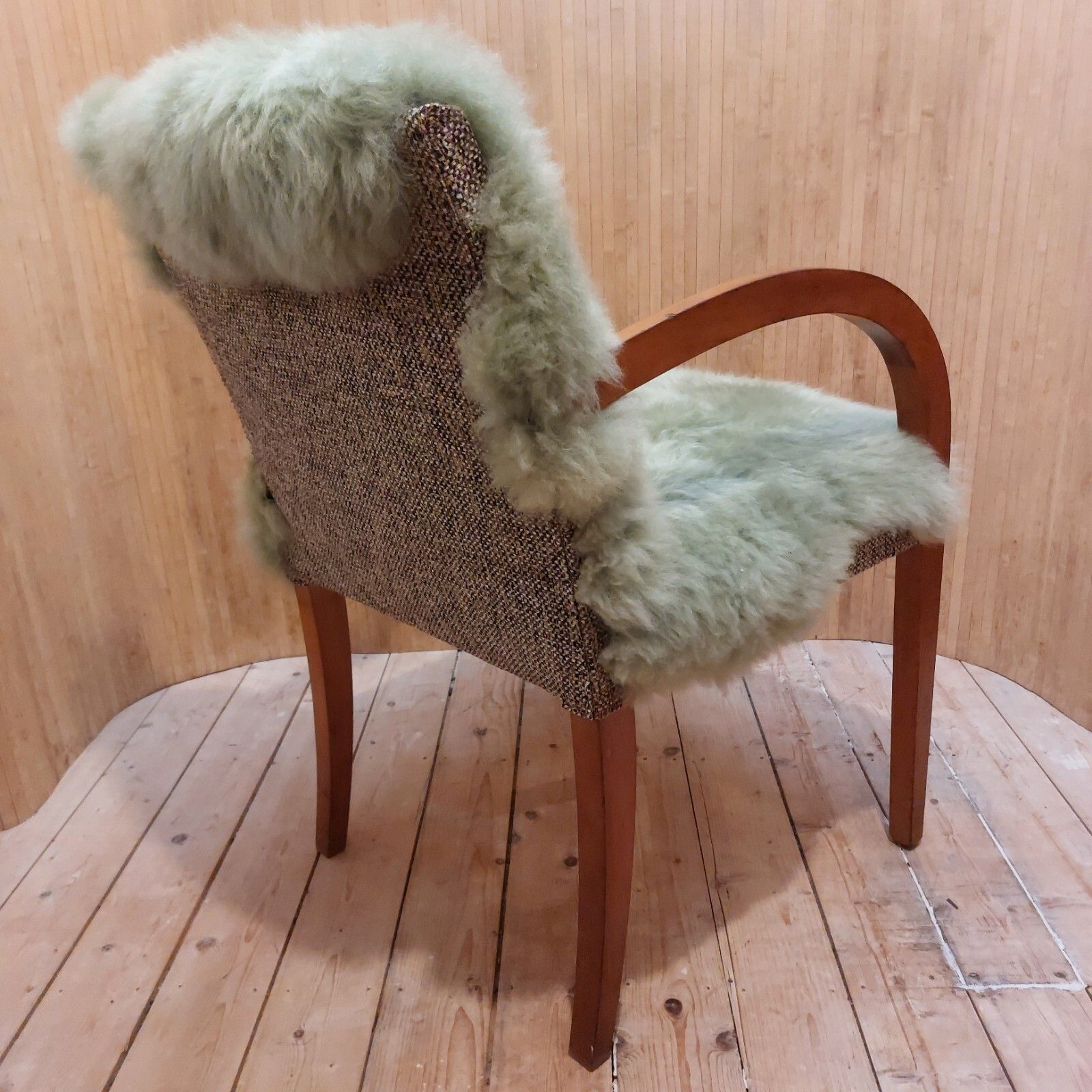 395.0 Fab Vintage Art Deco Style Beech Bentwood Bridge Chair Sage Green Sheepskin photo