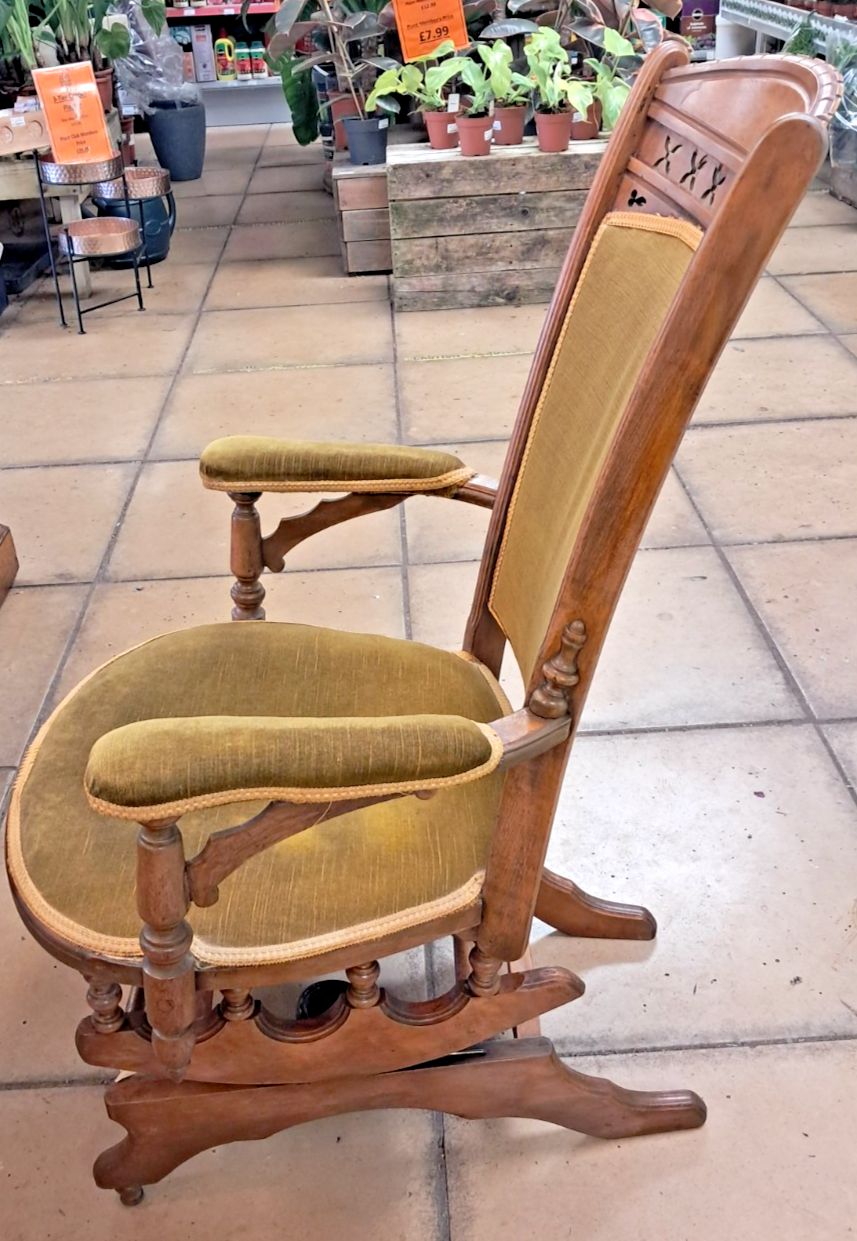 Vintage Late 19th C. American Rocking Chair Upholstered In Olive Green Velvet photo furniture