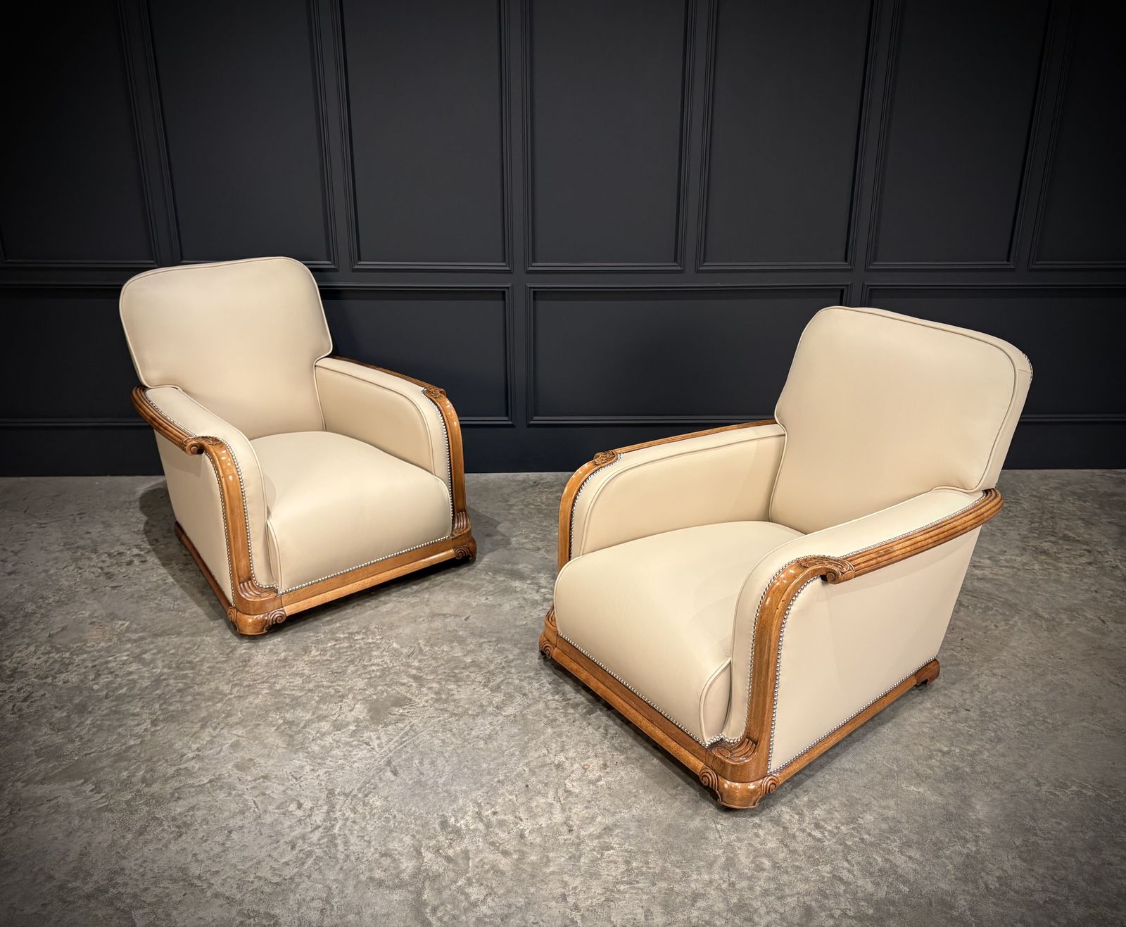 Pair Of Art Deco Walnut & Leather Armchairs photo furniture