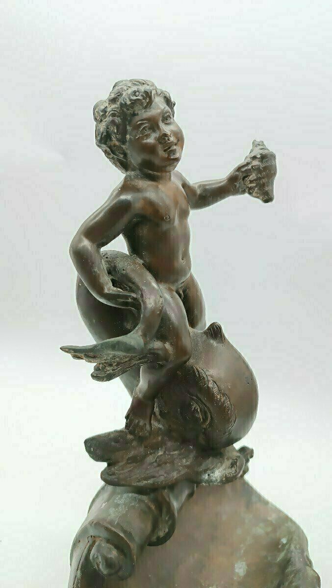 Antique Bronze Sculpture "Triton Child" Signed Vincenzo Cinque, Late 19th Century photo vinterior