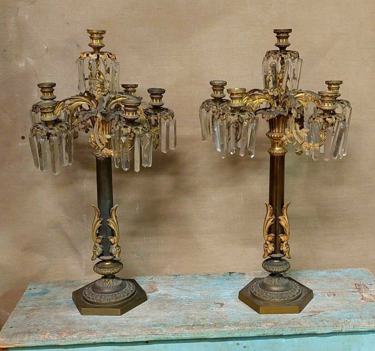 photo for sale Pair Of Large Gilt Bronze Six Light Candlesticks