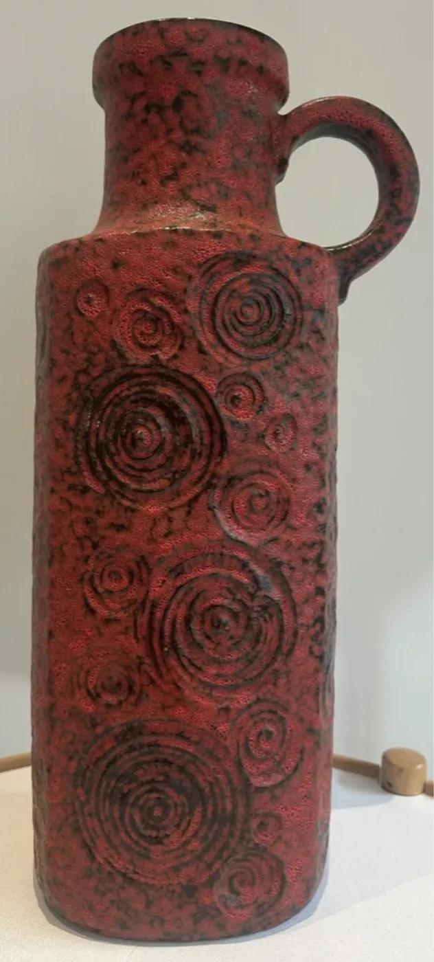 1970s German Fat Lava Scheurich Keramik Red & Black Handled "Jura" Pottery Vase photo vinterior