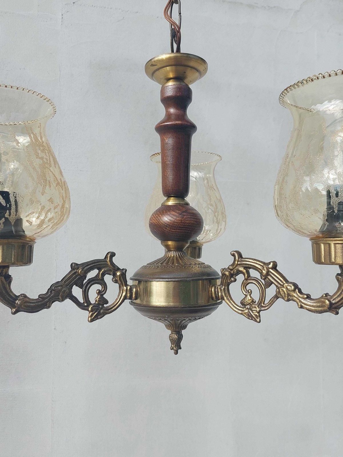 Antique Brass And Wood Chandelier, Vintage 3 Light Ceiling Fixture With Amber Glass Shades, Retro Mid Century Lighting, 60's photo Lighting