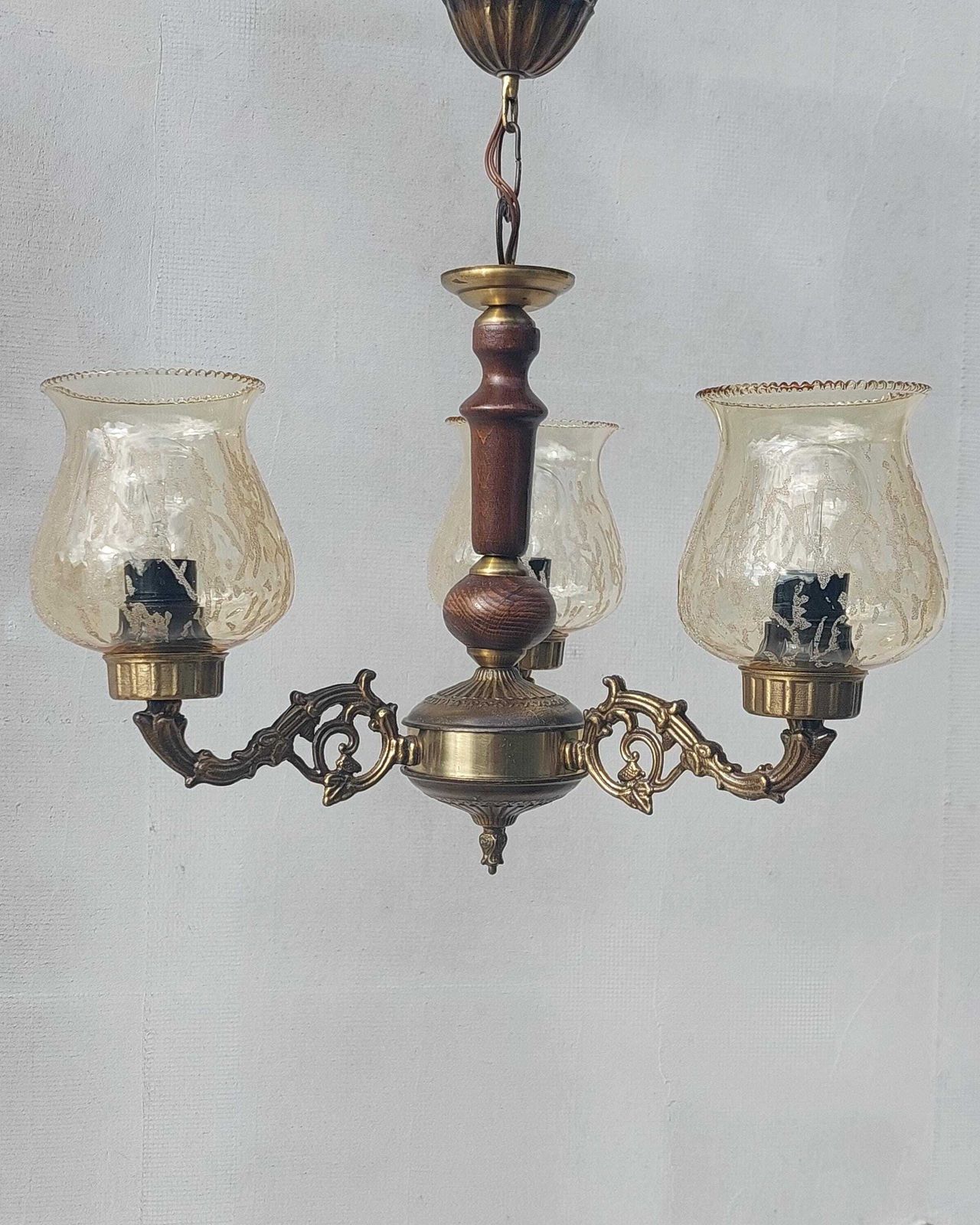 Antique Brass And Wood Chandelier, Vintage 3 Light Ceiling Fixture With Amber Glass Shades, Retro Mid Century Lighting, 60's photo 423.0