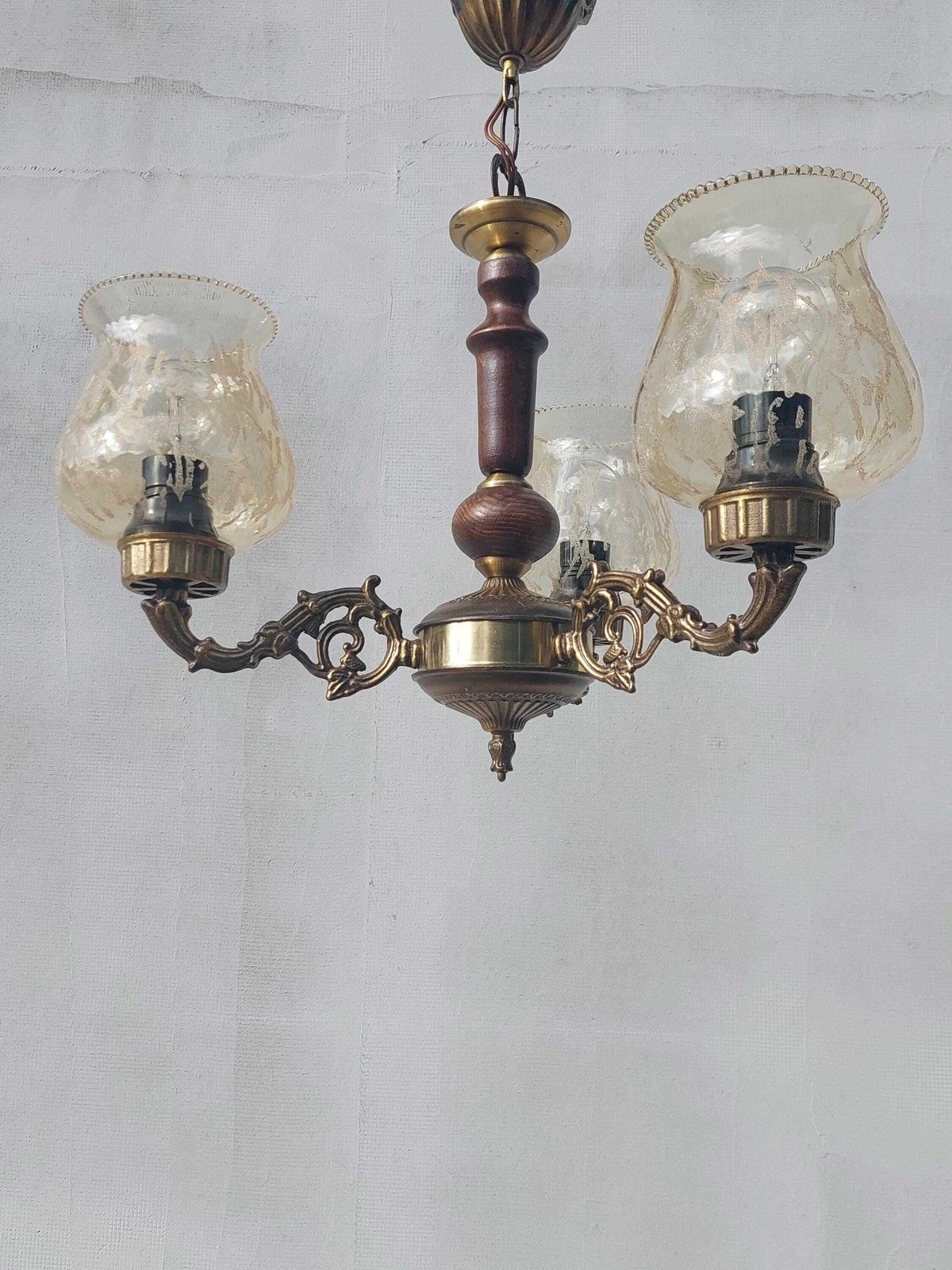 Antique Brass And Wood Chandelier, Vintage 3 Light Ceiling Fixture With Amber Glass Shades, Retro Mid Century Lighting, 60's photo buy