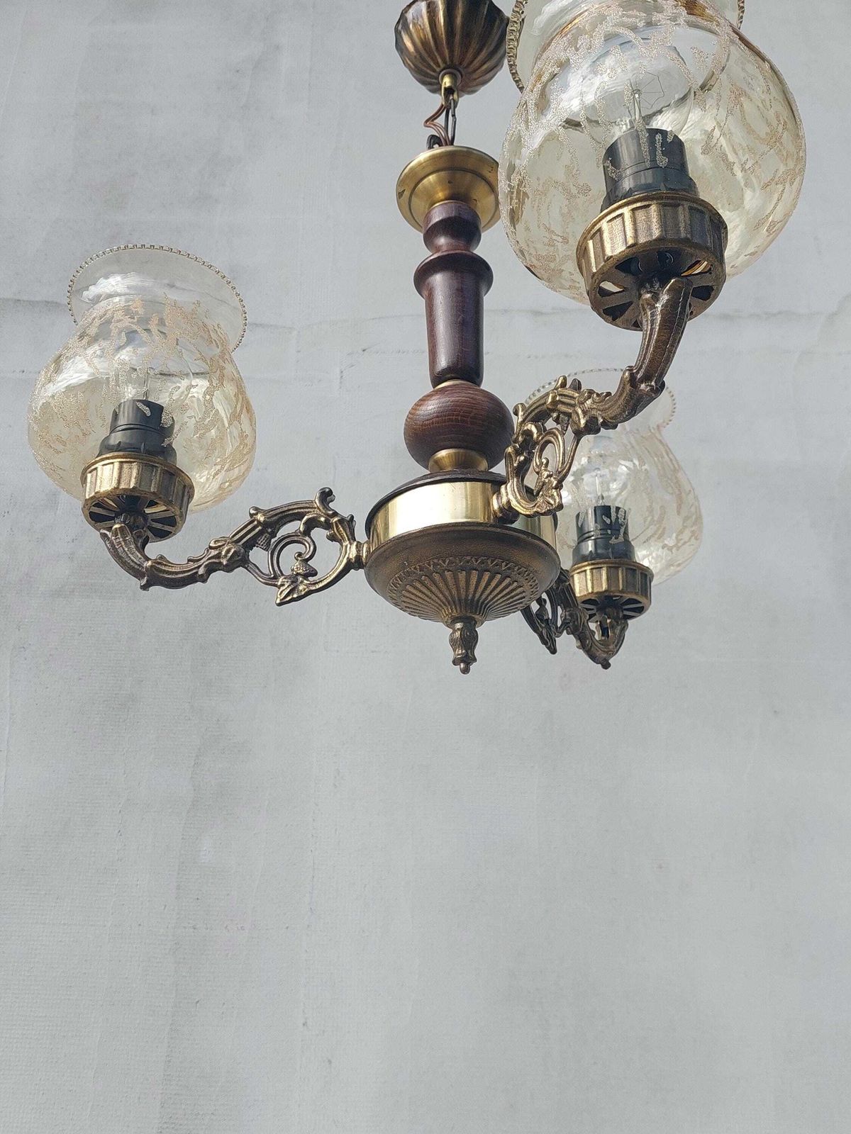 photo for sale Antique Brass And Wood Chandelier, Vintage 3 Light Ceiling Fixture With Amber Glass Shades, Retro Mid Century Lighting, 60's