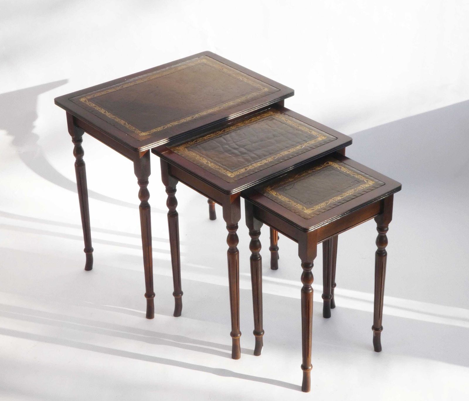 French Wooden Set Of Three Tables With Brown Inlaid Leather, Nesting Tables