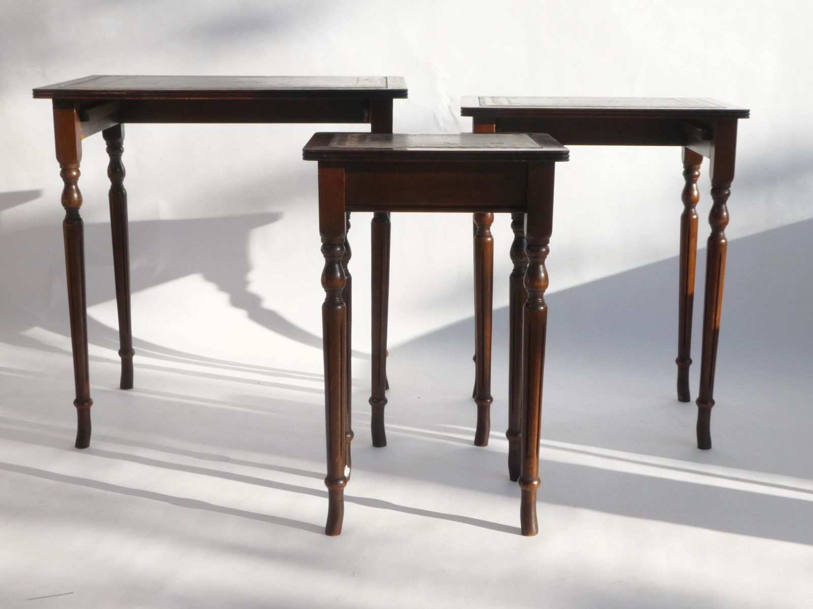 French Wooden Set Of Three Tables With Brown Inlaid Leather, Nesting Tables photo 442.0