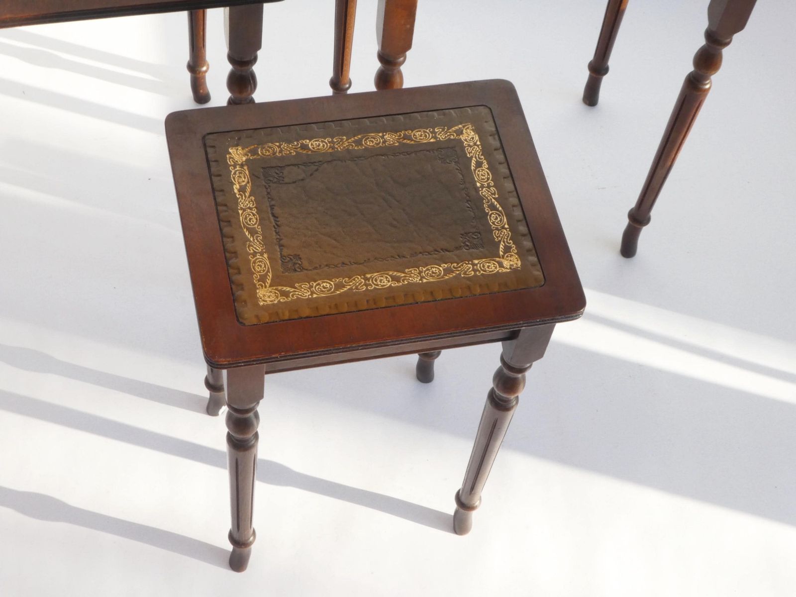 photo furniture French Wooden Set Of Three Tables With Brown Inlaid Leather, Nesting Tables
