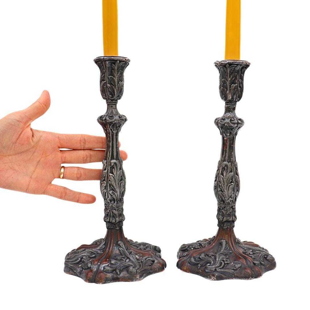 Antique Georgian Period Rococo Revival Copper And Silver Plated Candlesticks Holders Pair 8.2'' Tall photo vintage