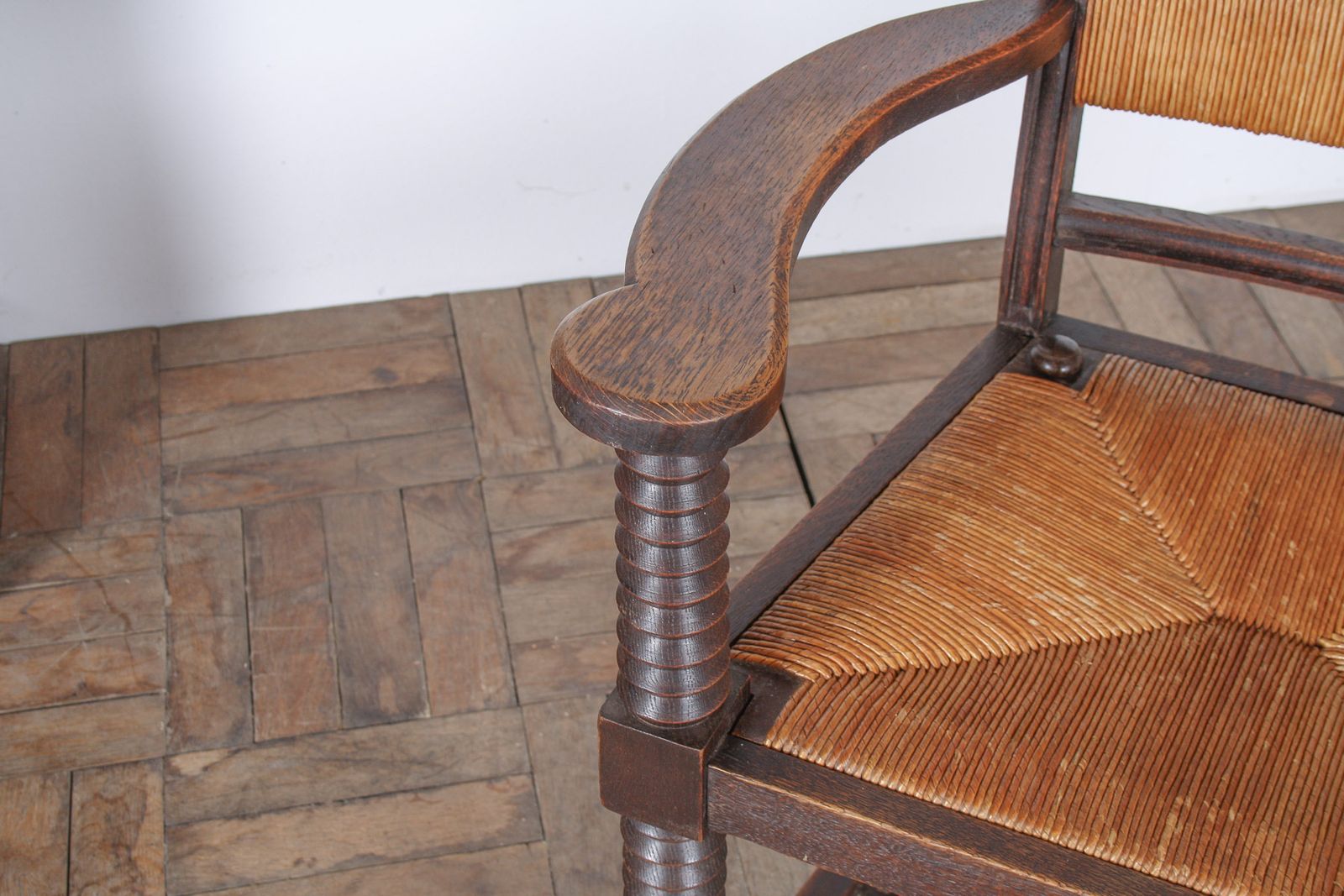 Oak Corkscrew 1950s Armchair With Straw Seat Attributed To Charles Dudouyt photo furniture