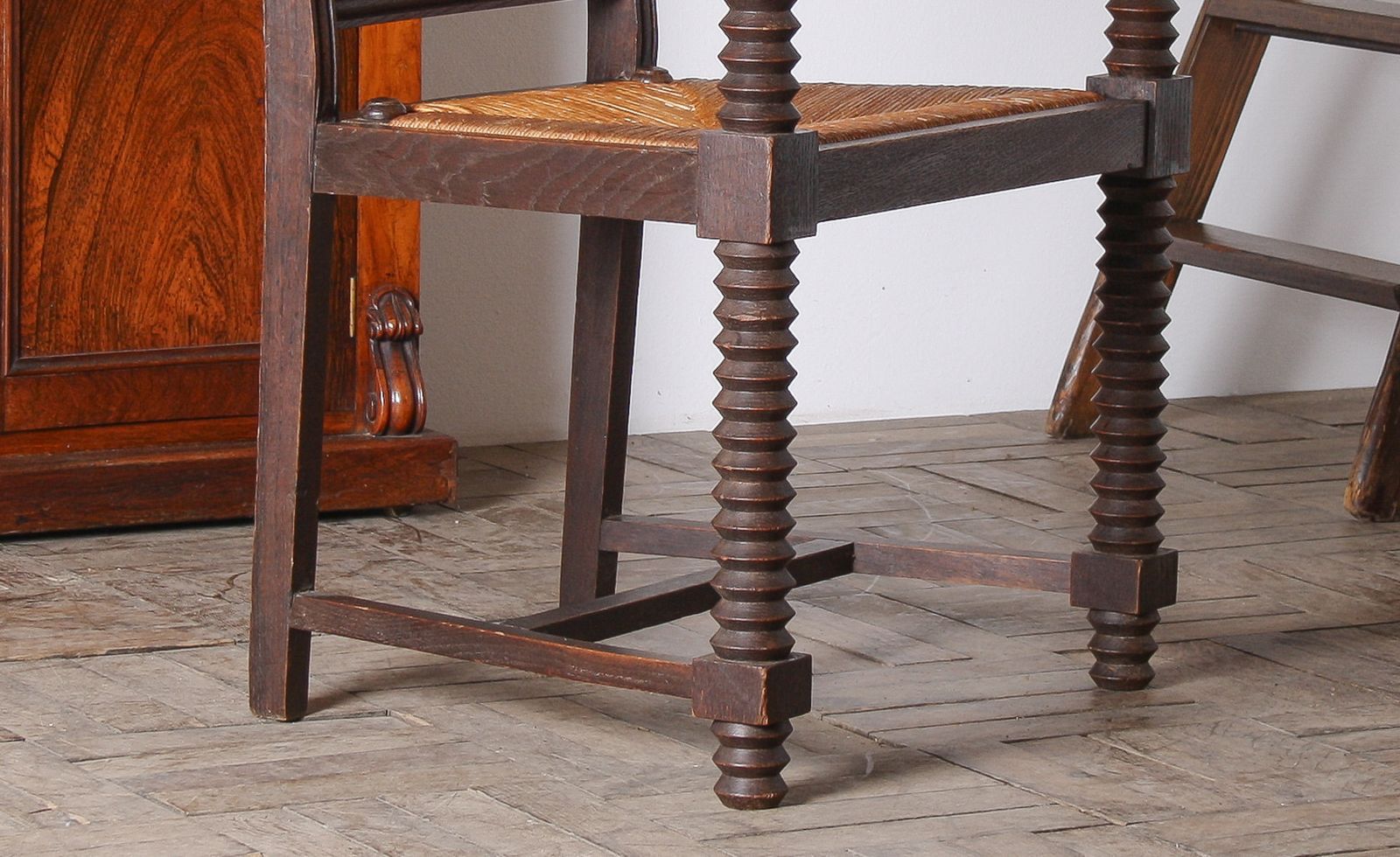Oak Corkscrew 1950s Armchair With Straw Seat Attributed To Charles Dudouyt photo buy