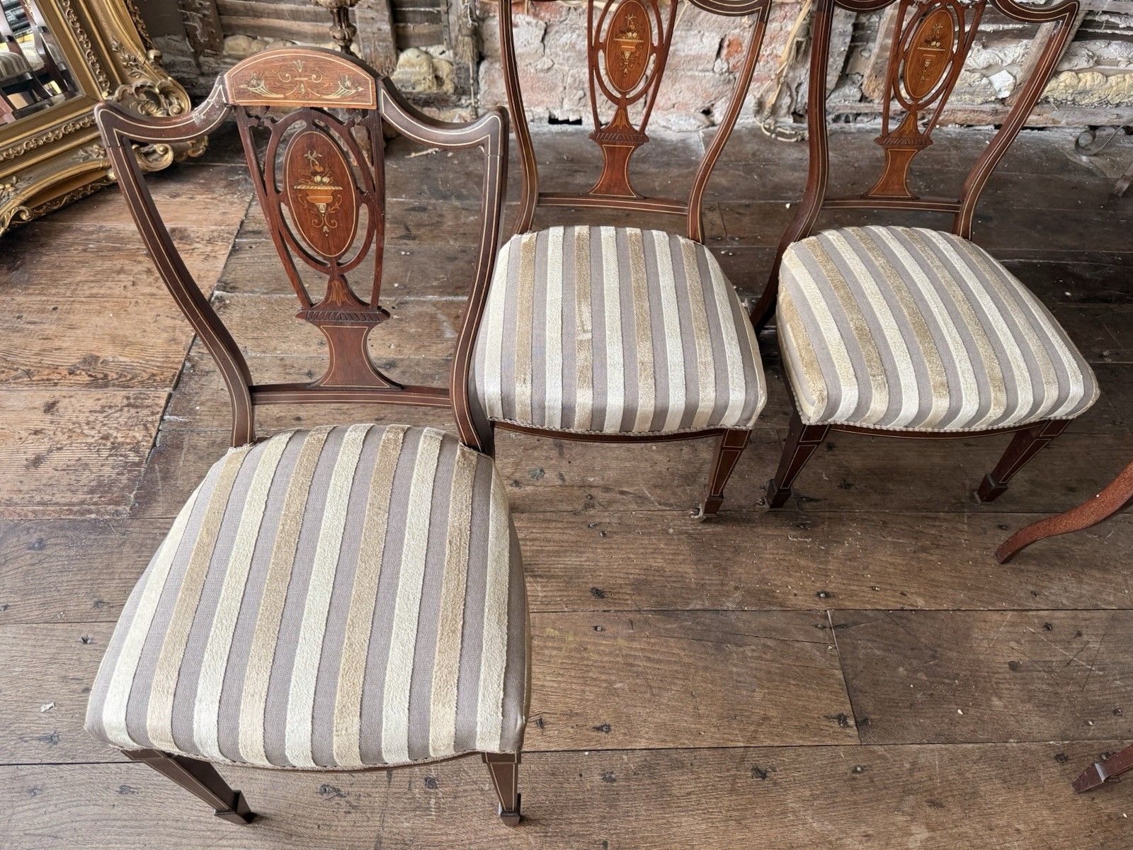 Set Of 4 Antique Edwardian Rosewood Mahogany Sand Velvet Inlaid Marquetry Chairs photo vintage