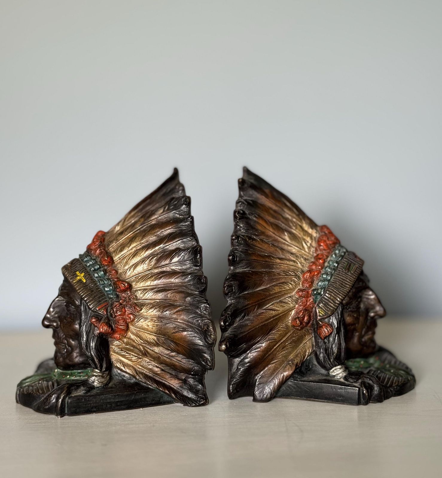 Pair Of Native American Chieftain Cold Painted Bronze Bookends Made In Austria 1920s photo 1200.0