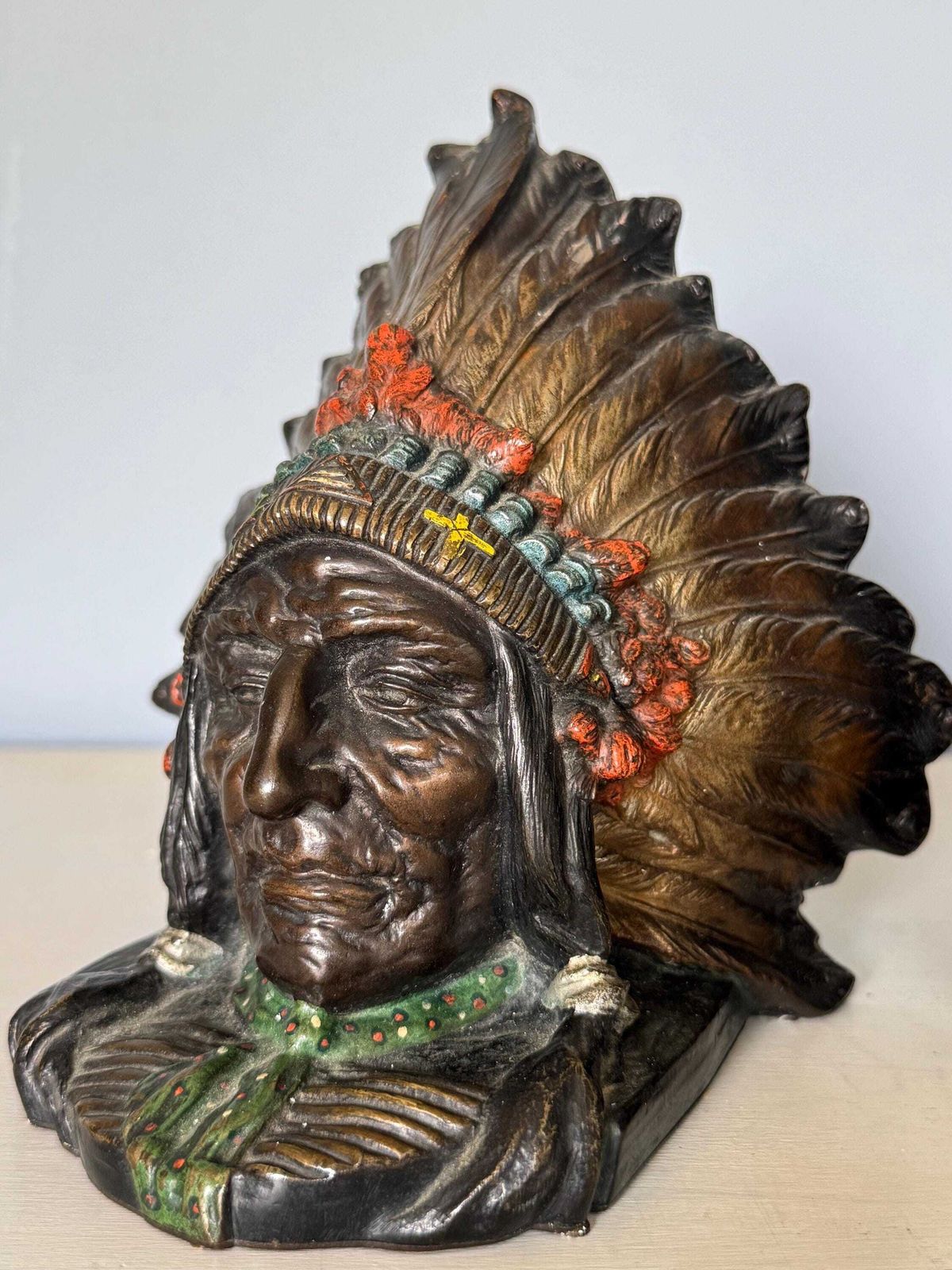 Pair Of Native American Chieftain Cold Painted Bronze Bookends Made In Austria 1920s photo vinterior