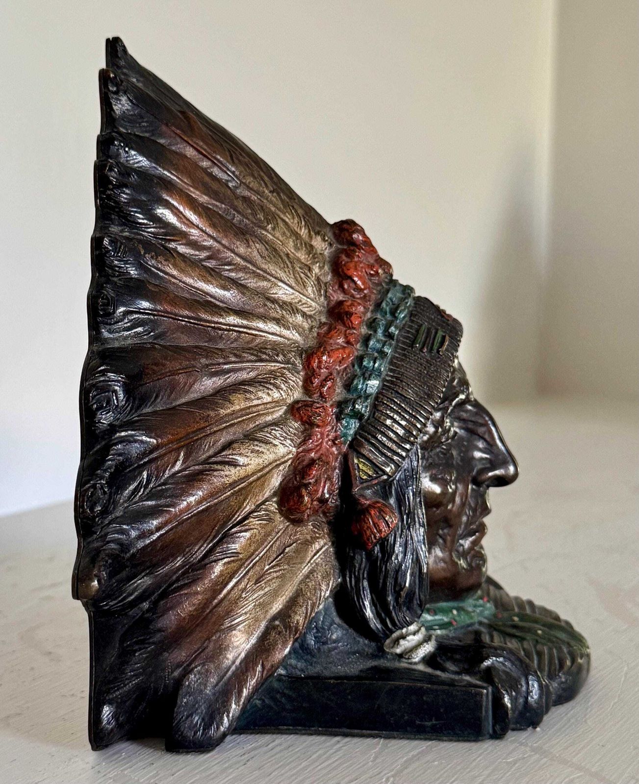 Pair Of Native American Chieftain Cold Painted Bronze Bookends Made In Austria 1920s photo buy