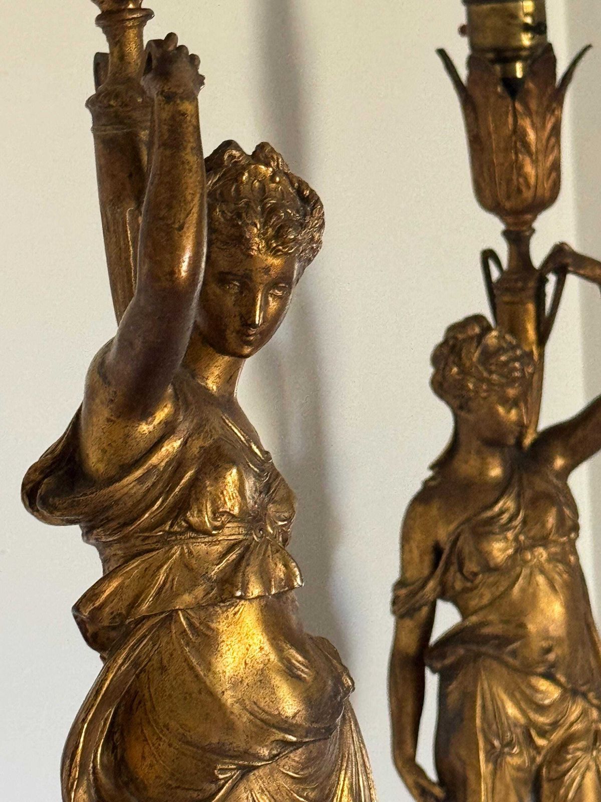 An Antique Pair Of French Glit Metal Table Lamps Depicting Classical Maidens On Antico Rosso Plinth Bases:French Design 1890s. photo buy