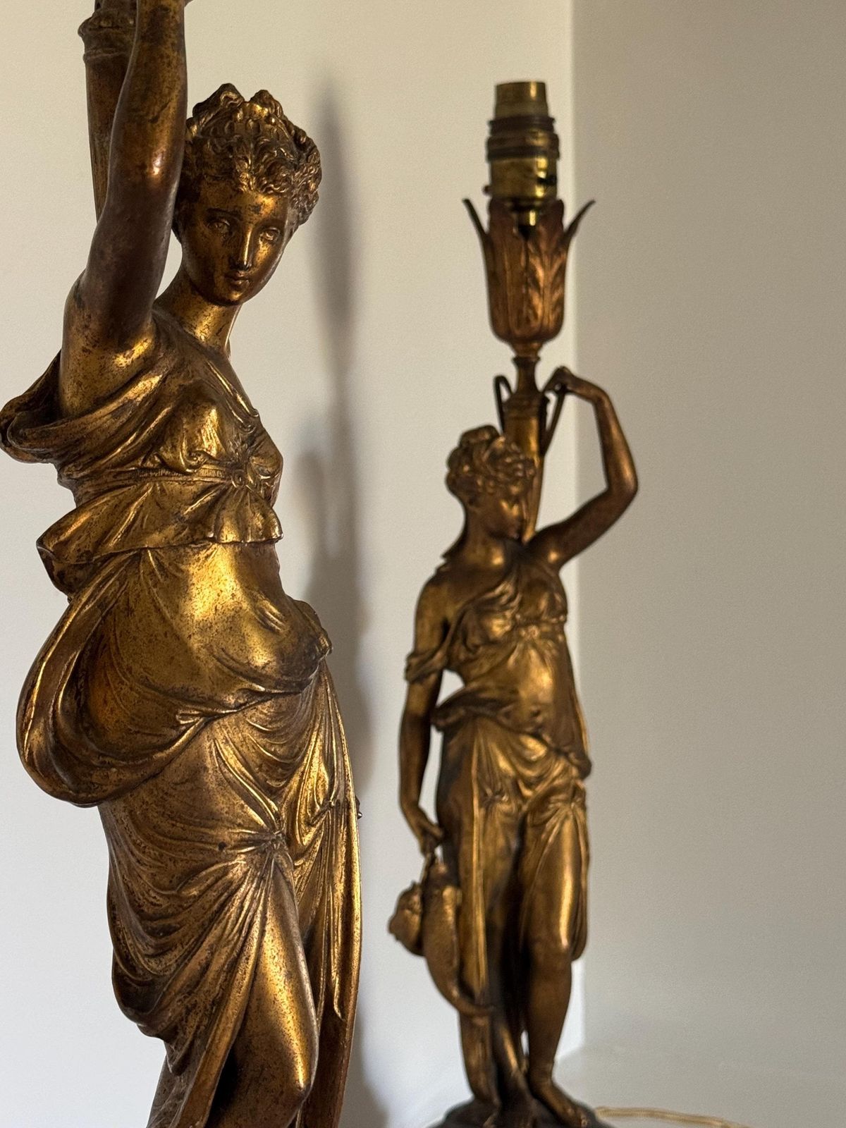 photo furniture An Antique Pair Of French Glit Metal Table Lamps Depicting Classical Maidens On Antico Rosso Plinth Bases:French Design 1890s.
