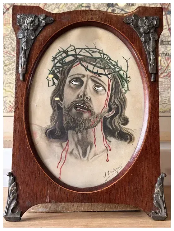 Antique French Watercolour Jesus On The Cross photo furniture