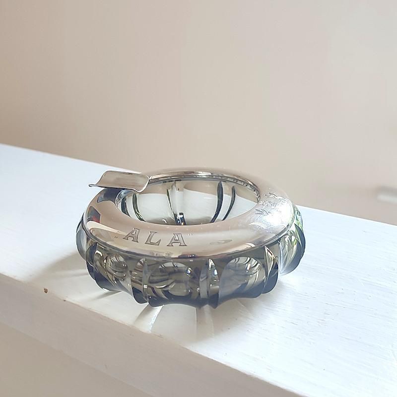 Rare Hermann Bauer German Silver Mounted Smoked Glass Cigar Ashtray, 1938–40, Hallmarked 800 Silver, Hb   St. Hubertus Lodge Presentation