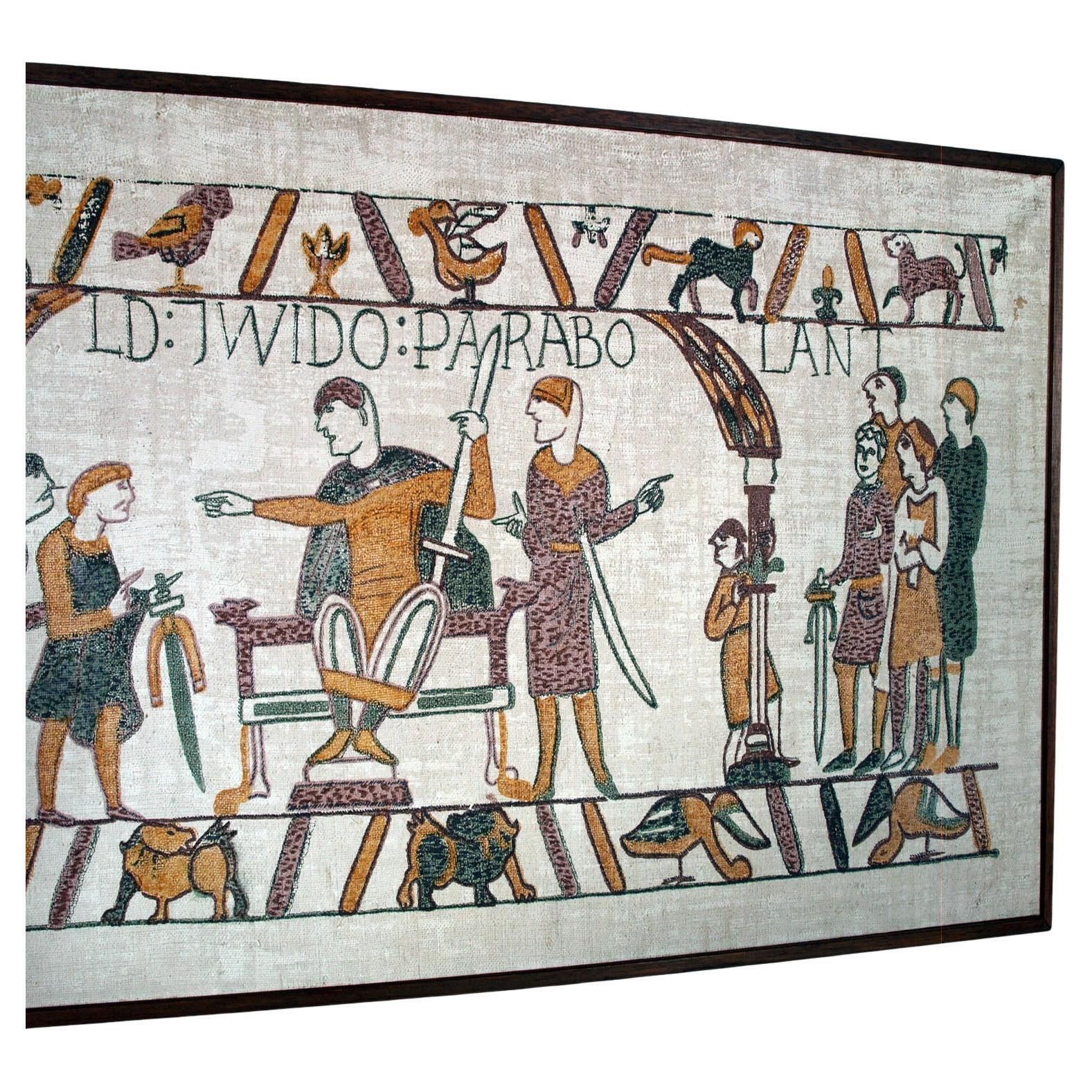 Large Bayeux Tapestry Inspired Painted Panel On Jute Canvas, 20th Century photo furniture
