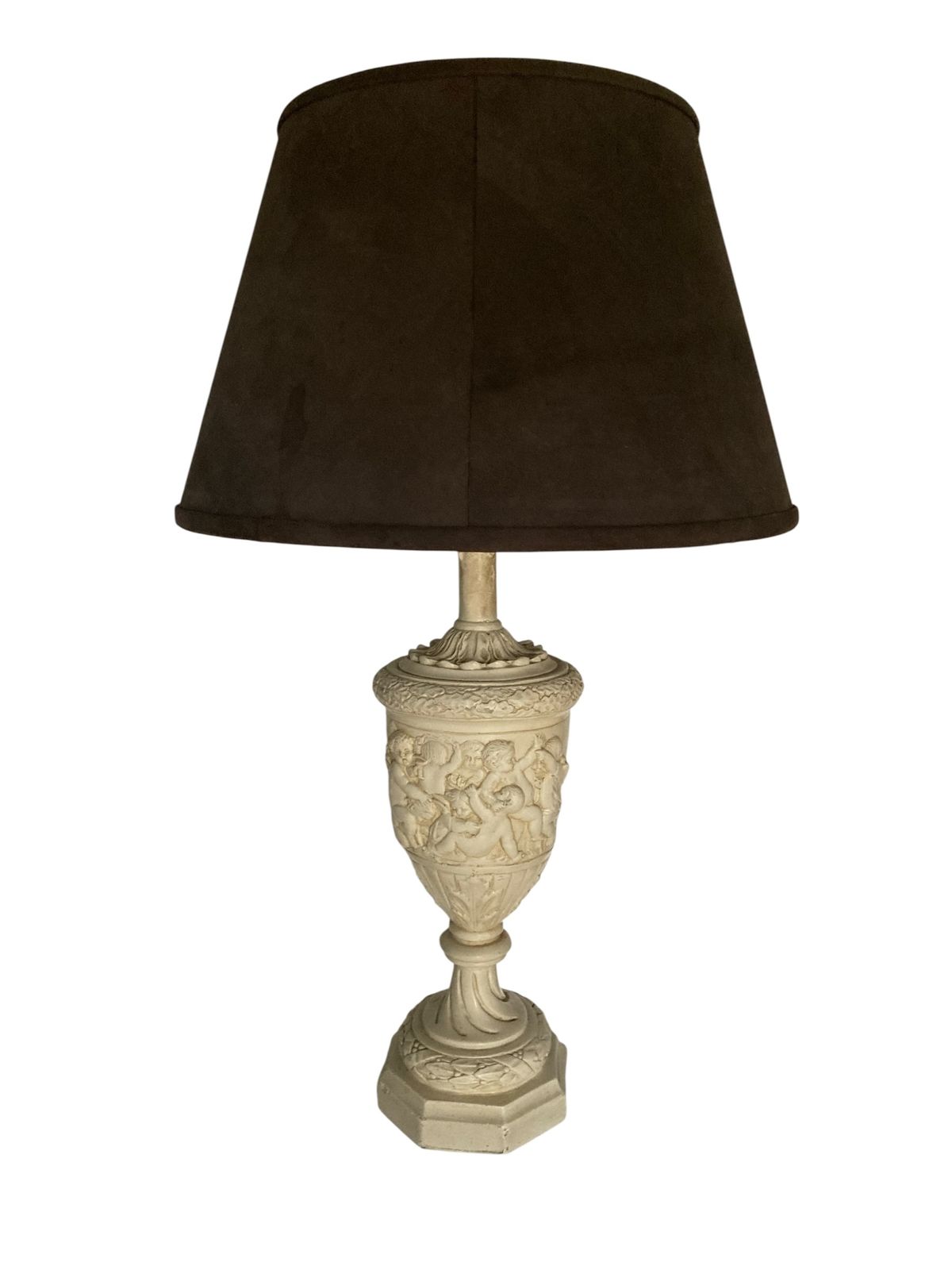 Plaster Moulded And Decorated Cherub Lamp Circa 1930's Grey Velvet Shade photo vinterior