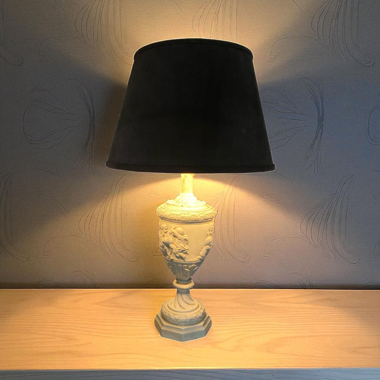 Plaster Moulded And Decorated Cherub Lamp Circa 1930's Grey Velvet Shade photo buy