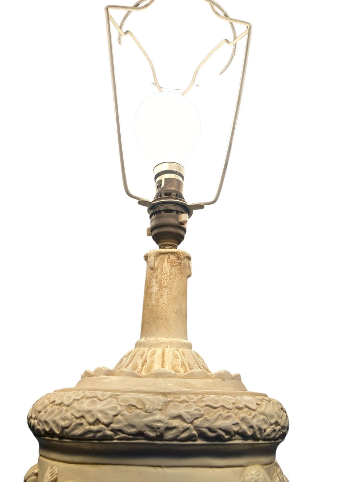 photo for sale Plaster Moulded And Decorated Cherub Lamp Circa 1930's Grey Velvet Shade
